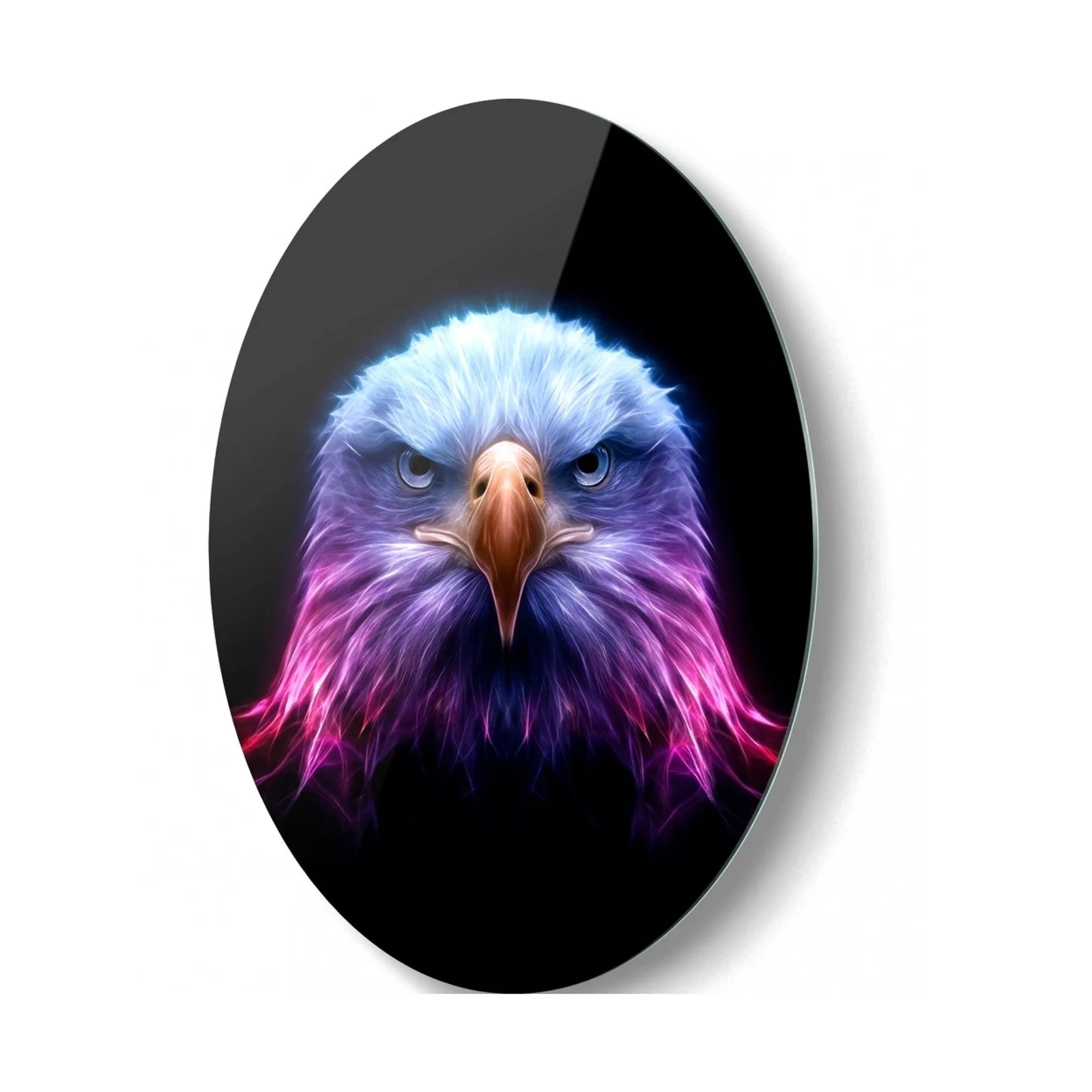 Neon Eagle Portrait Oval Glass Wall Art, front product view on a neutral background
