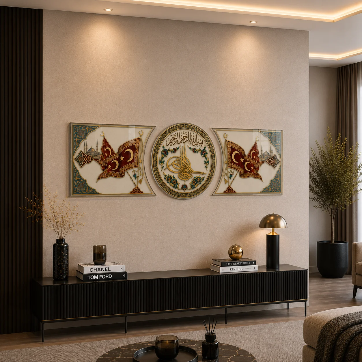 Ottoman Coat of Arms Custom-Cut Three-Piece Glass Wall Art, displayed above a console in a warm modern living room