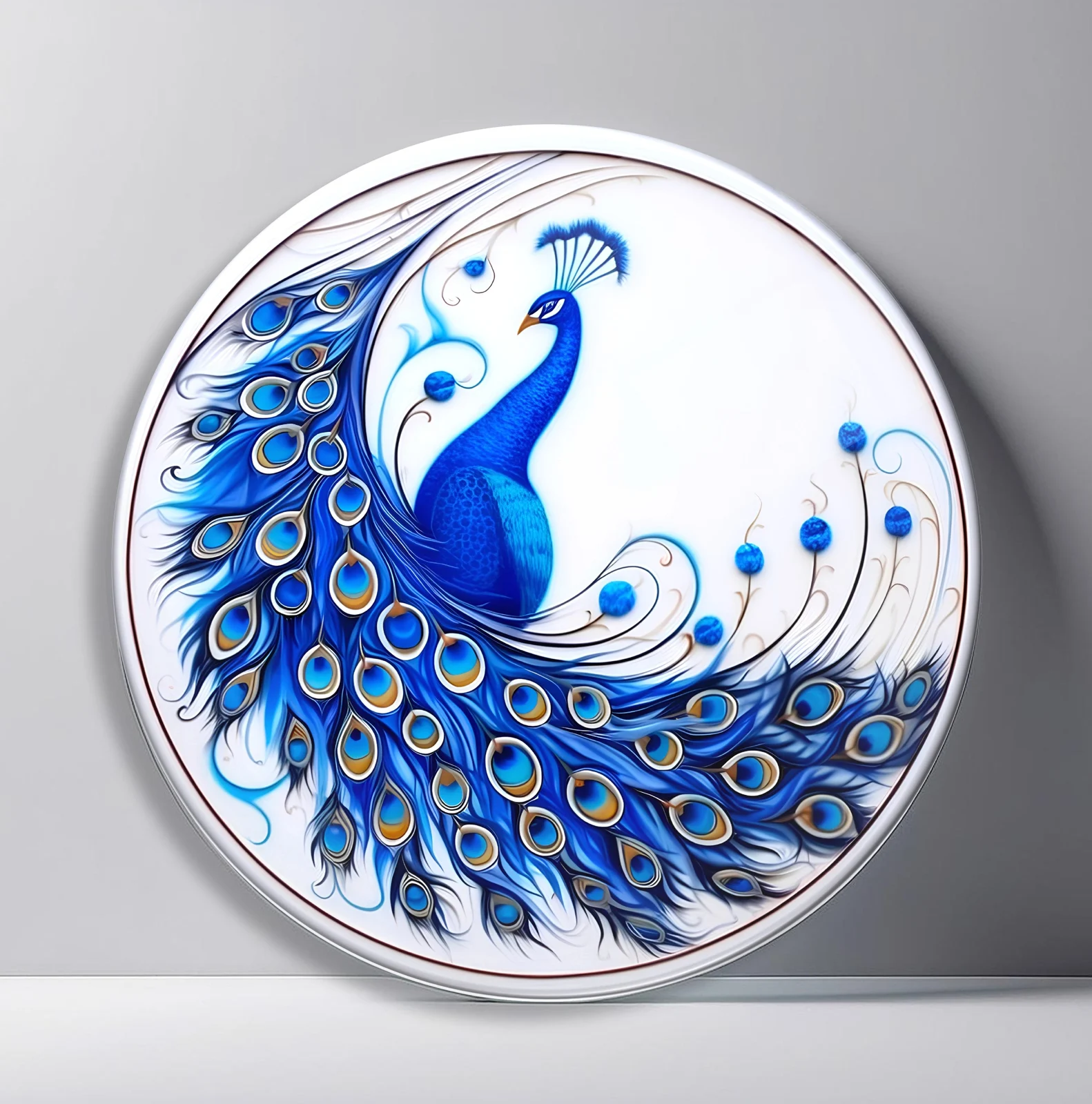 Blue Peacock Wave Round Glass Wall Art featuring graceful blue peacock whose long tail curls like an ocean wave