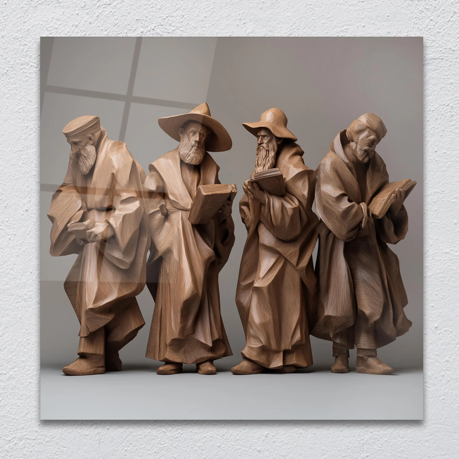Glass wall art of four robed wise men absorbed in their books, sculpted in warm flowing woodgrain