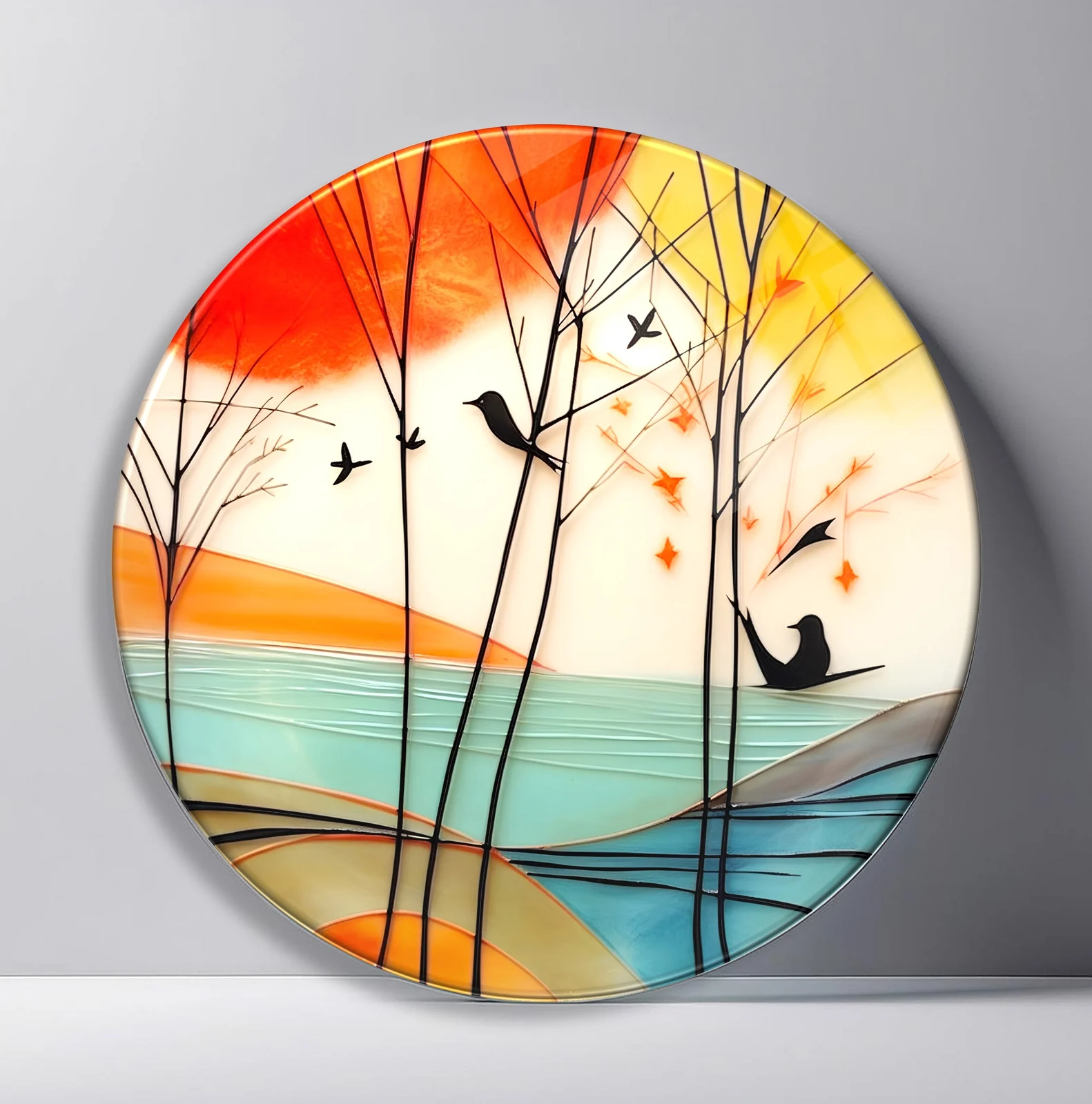 Sunset Swing by the Sea Round Glass Wall Art featuring child on a tree swing overlooking calm water at sunset