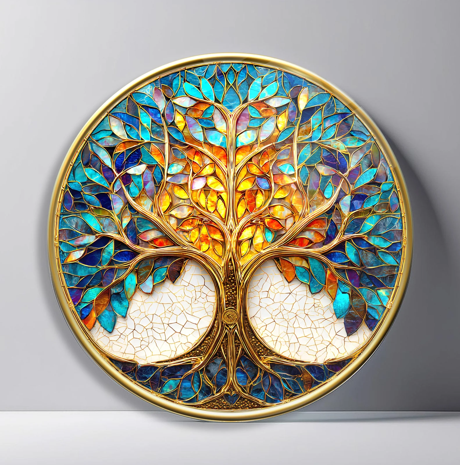 Sunlit Sapphire Tree of Life Round Glass Wall Art featuring golden trunk and roots beneath a dense canopy of blue leaves
