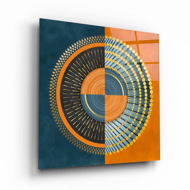 Orange and Teal Geometric Sun Square Glass Wall Art, front angled view