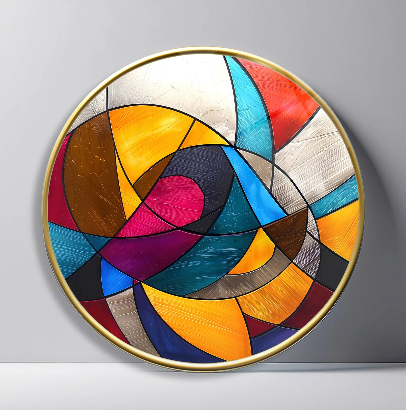 Kaleidoscope Ribbon Abstract Round Glass Wall Art featuring interlocking curved ribbons in bold geometric color blocks