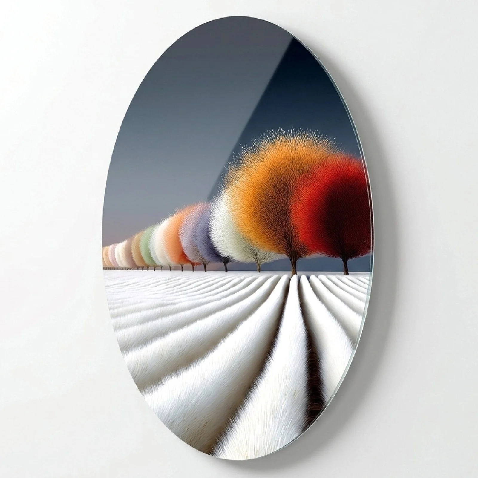White Furrows and Colorful Trees Oval Glass Wall Art, front product view on a neutral background
