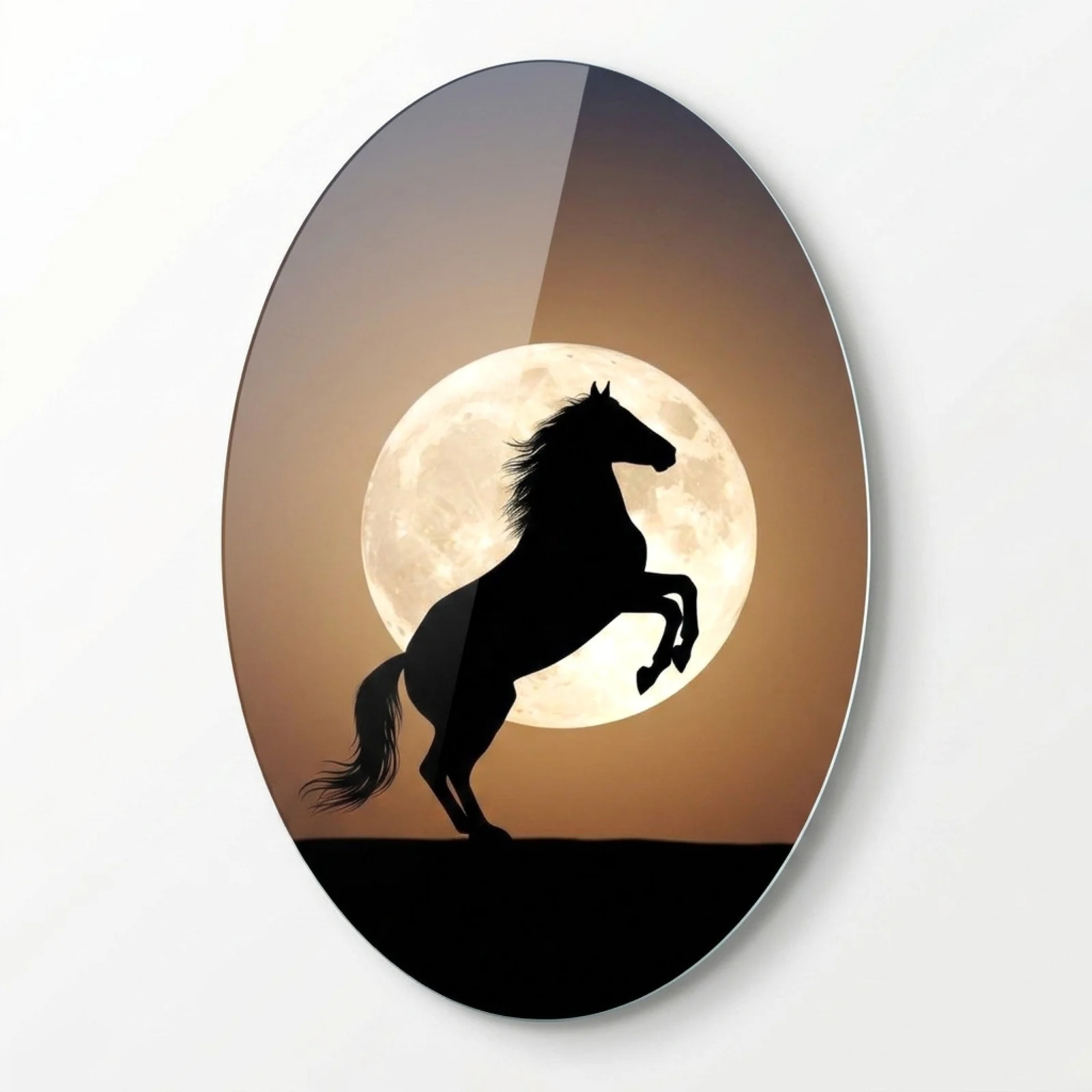 Rearing Horse under Full Moon Oval Glass Wall Art, front product view on a neutral background