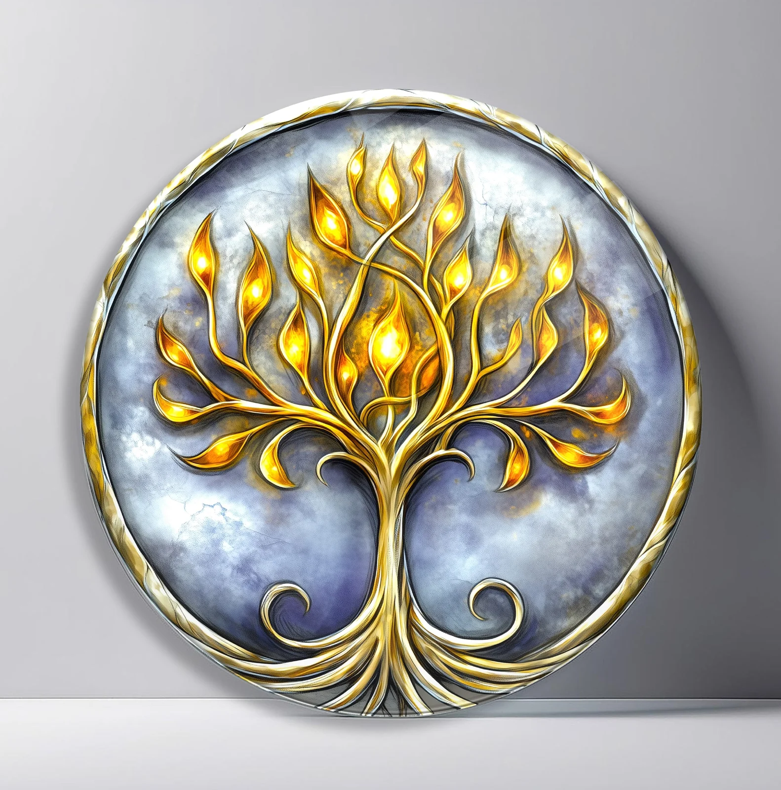 Golden Flame Tree Round Glass Wall Art featuring stylized gold tree with flame-shaped leaves against smoky silver