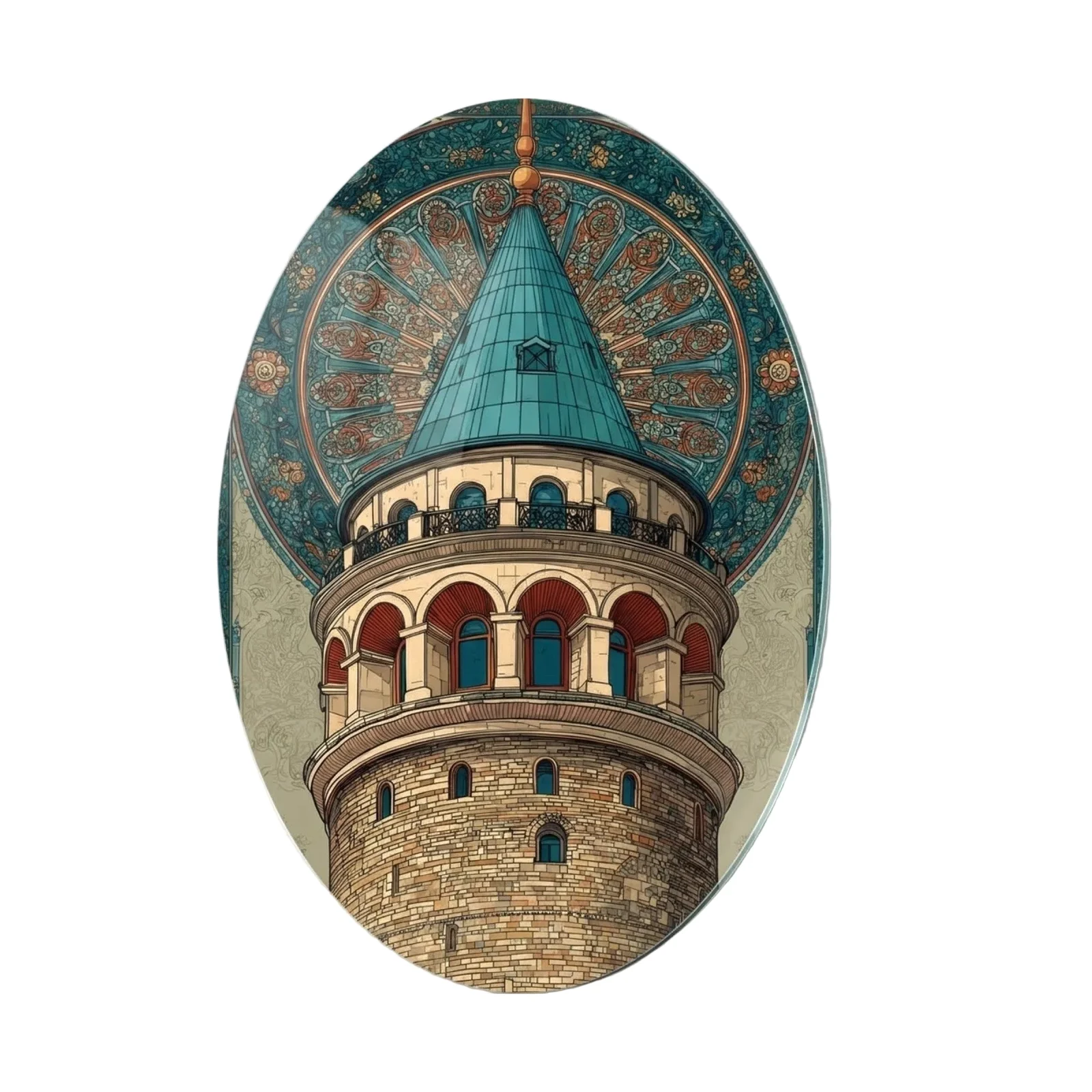 Art Nouveau Galata Tower Oval Glass Wall Art, front product view on a neutral background