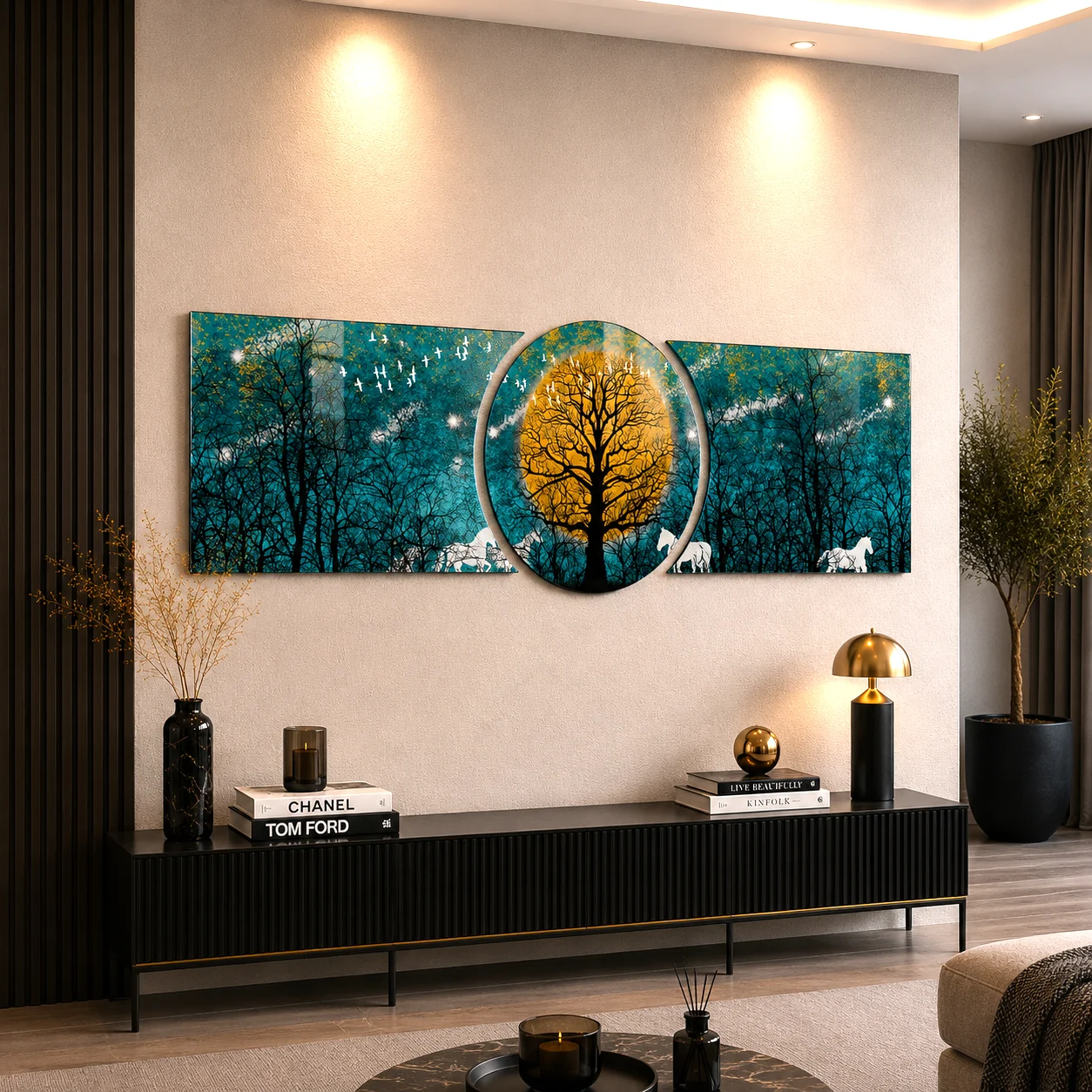 Turquoise Forest and Golden Tree Three-Piece Glass Wall Art, displayed above a console in a warm modern living room