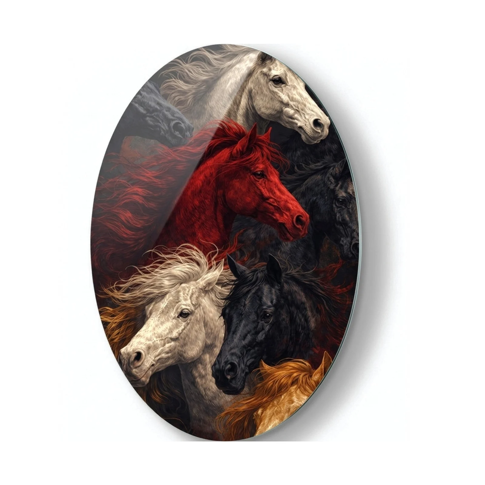 Wild Horses in Red and Black Oval Glass Wall Art, front product view on a neutral background