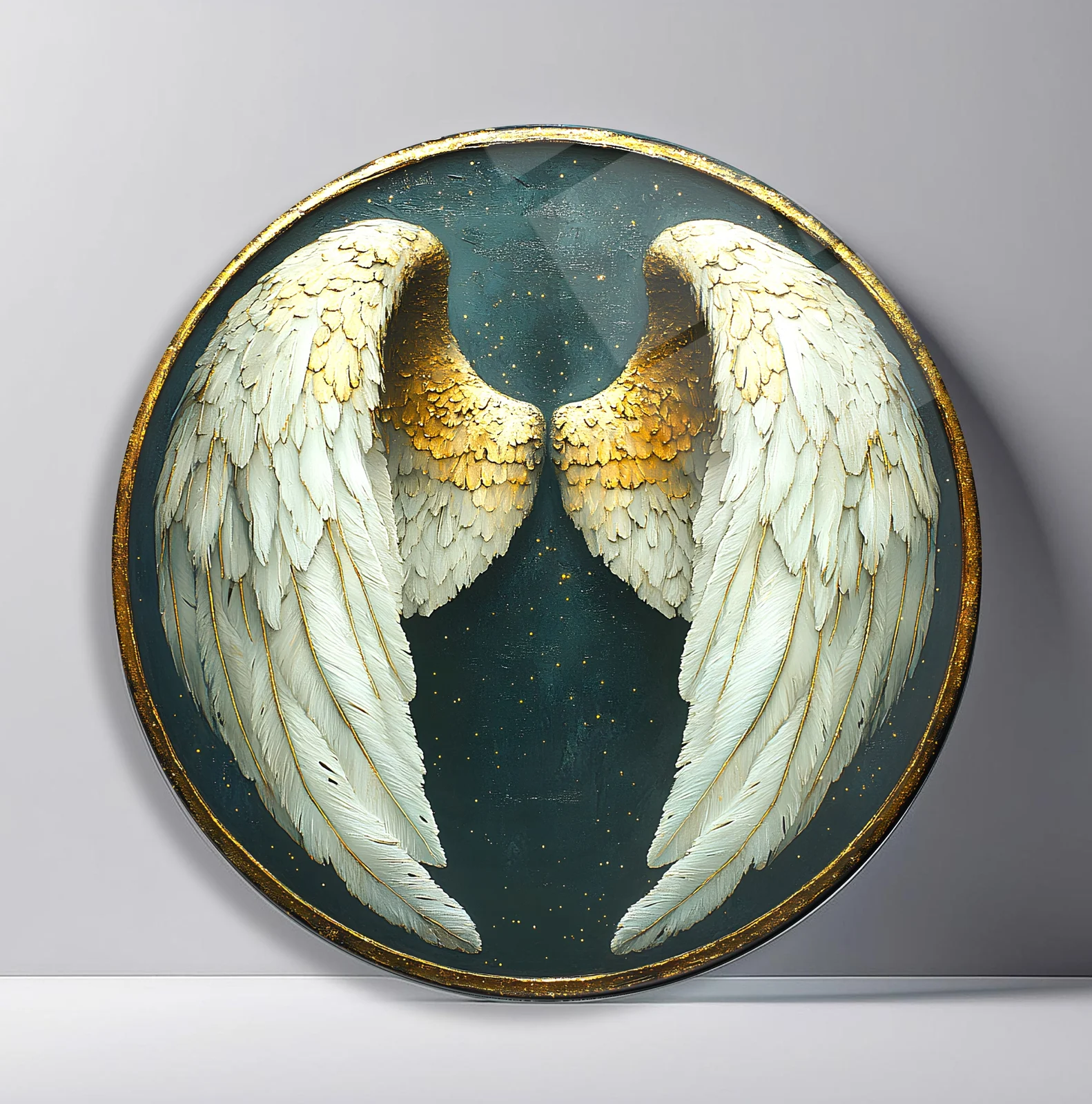 Ivory Angel Wings Round Glass Wall Art featuring curved white wings meeting beneath a dark celestial opening