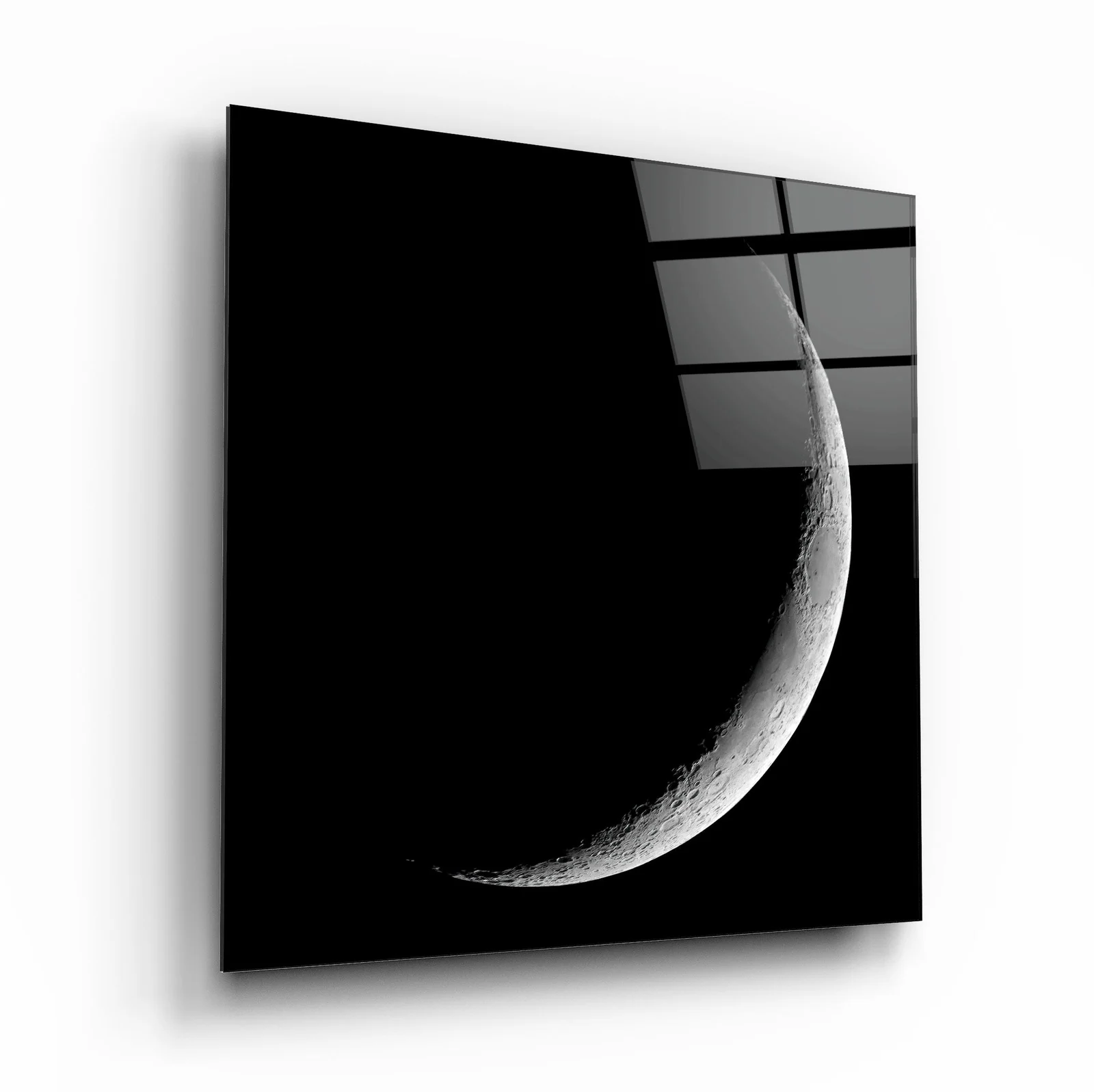 Minimal Crescent Moon Square Glass Wall Art, front angled view