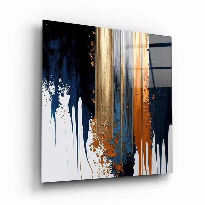 Navy Copper Vertical Brushstrokes Square Glass Wall Art, front angled view