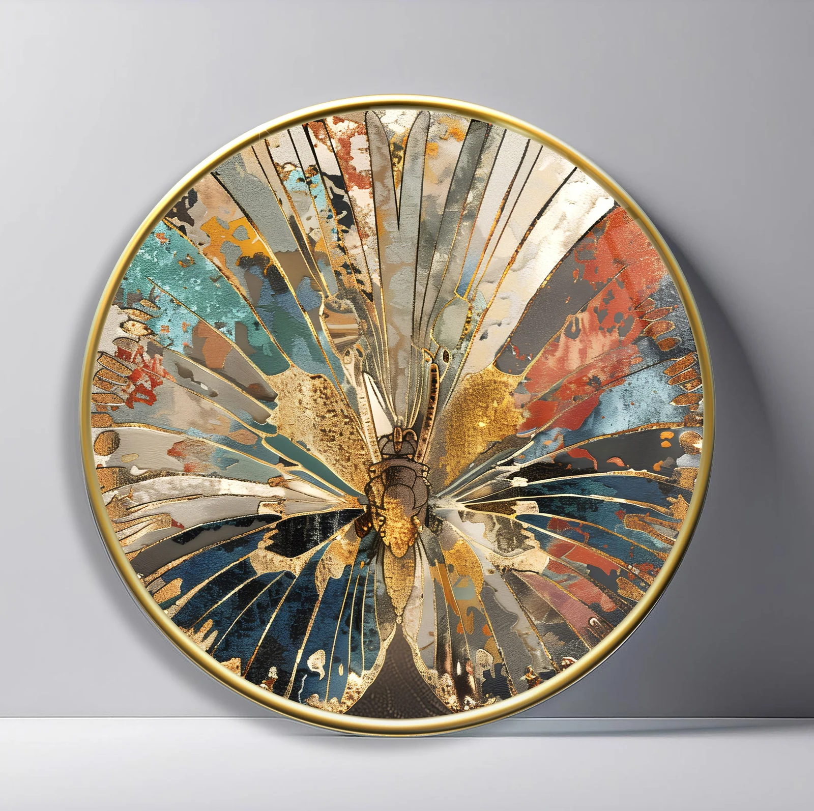 Weathered Gold Sunburst Round Glass Wall Art featuring distressed teal, coral, cream, and gold rays spreading from a textured center