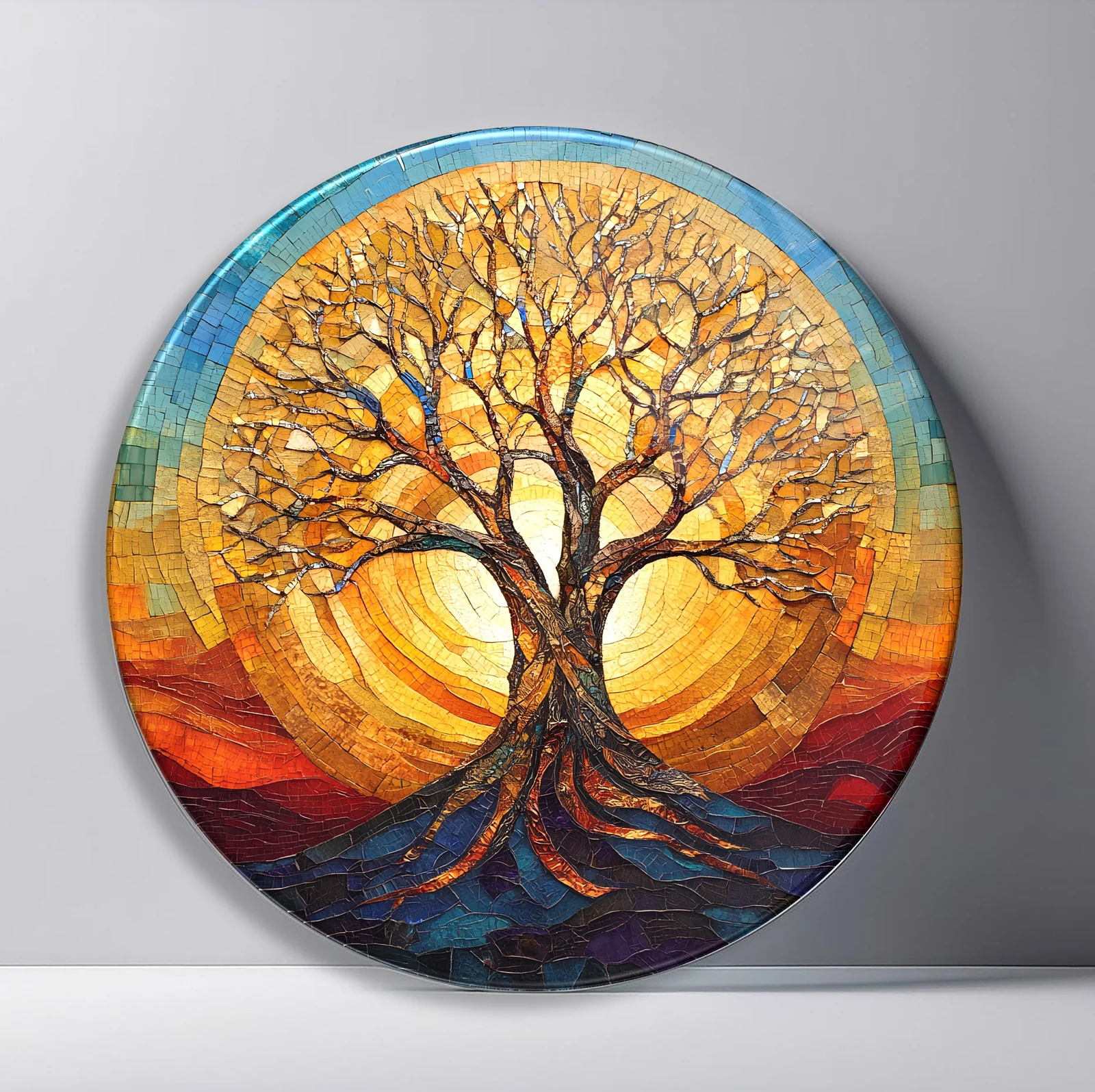 Golden Sunset Tree Mosaic Round Glass Wall Art featuring rooted tree silhouetted before concentric amber sunset rings