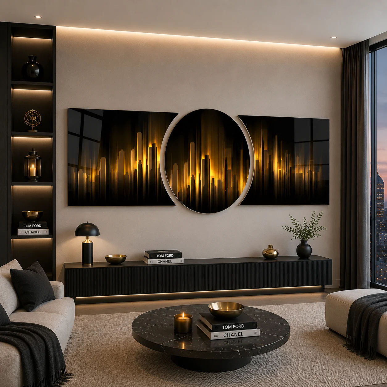 Amber Soundwave Custom-Cut Three-Piece Glass Wall Art, displayed above a console in a warm modern living room