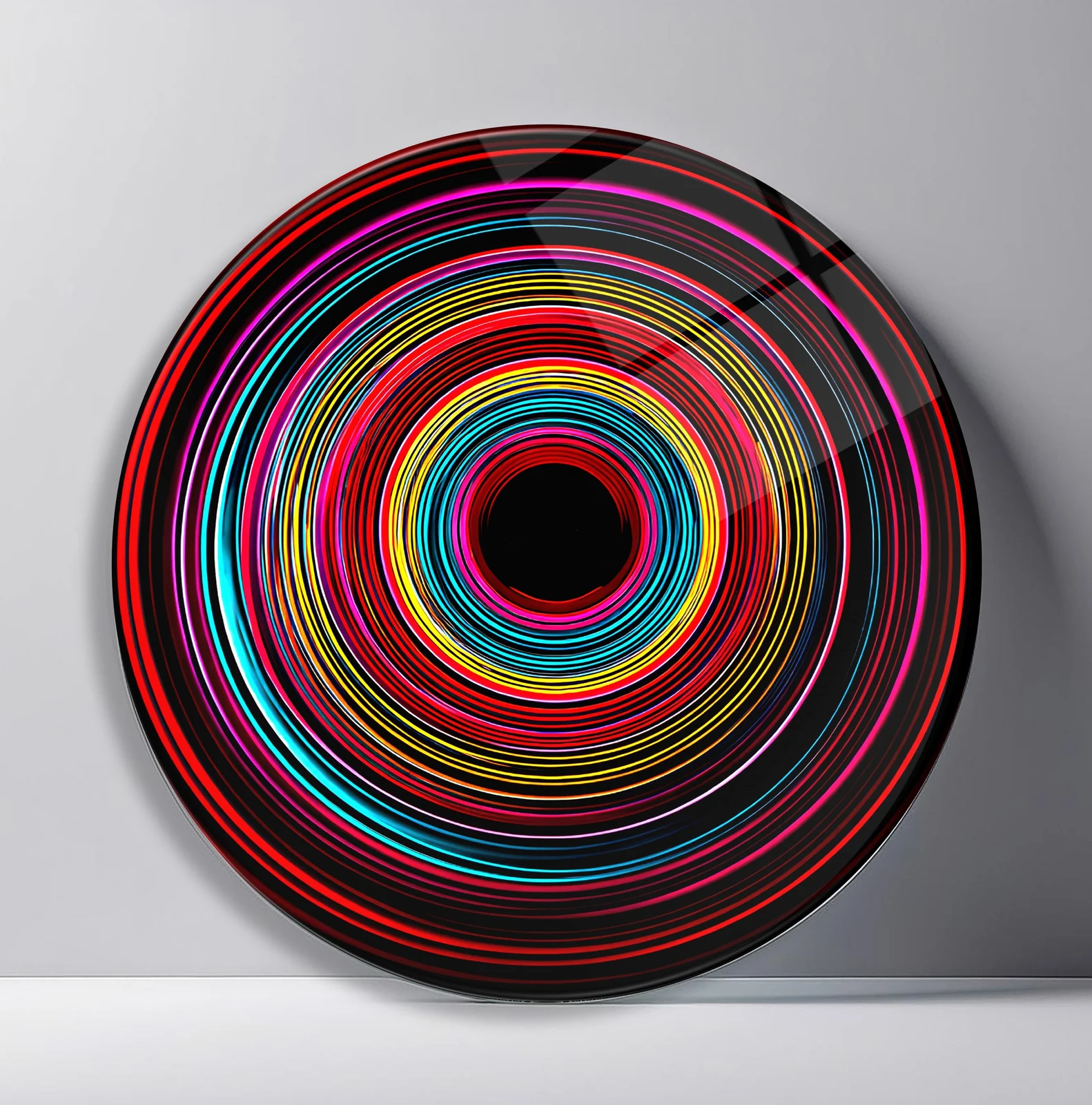 Neon Orbit Rings Round Glass Wall Art featuring thin neon color rings circling a black central void