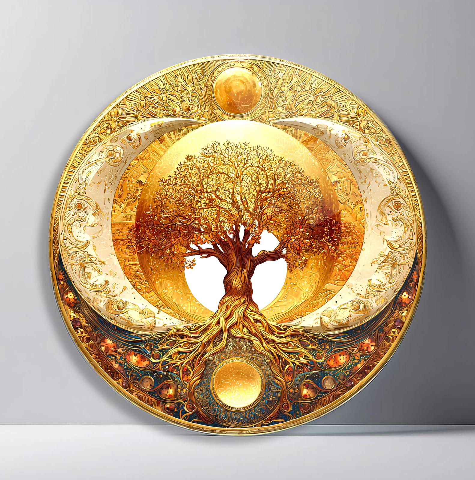 Golden Tree Beneath Sun and Moon Round Glass Wall Art featuring glowing amber tree centered between celestial discs