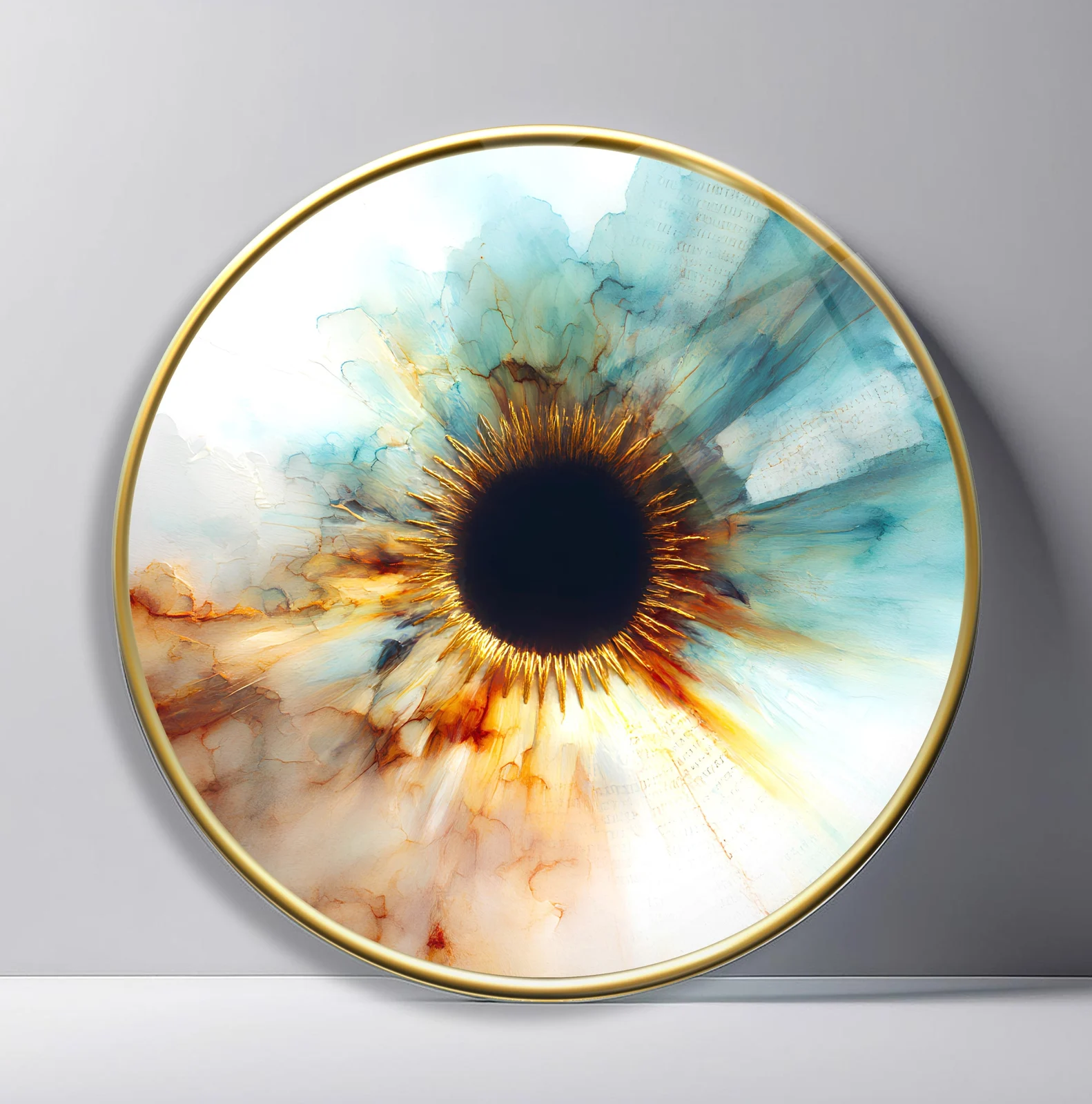 Watercolor Sunburst Eye Round Glass Wall Art featuring soft aqua and amber pigments radiating around a dark central circle