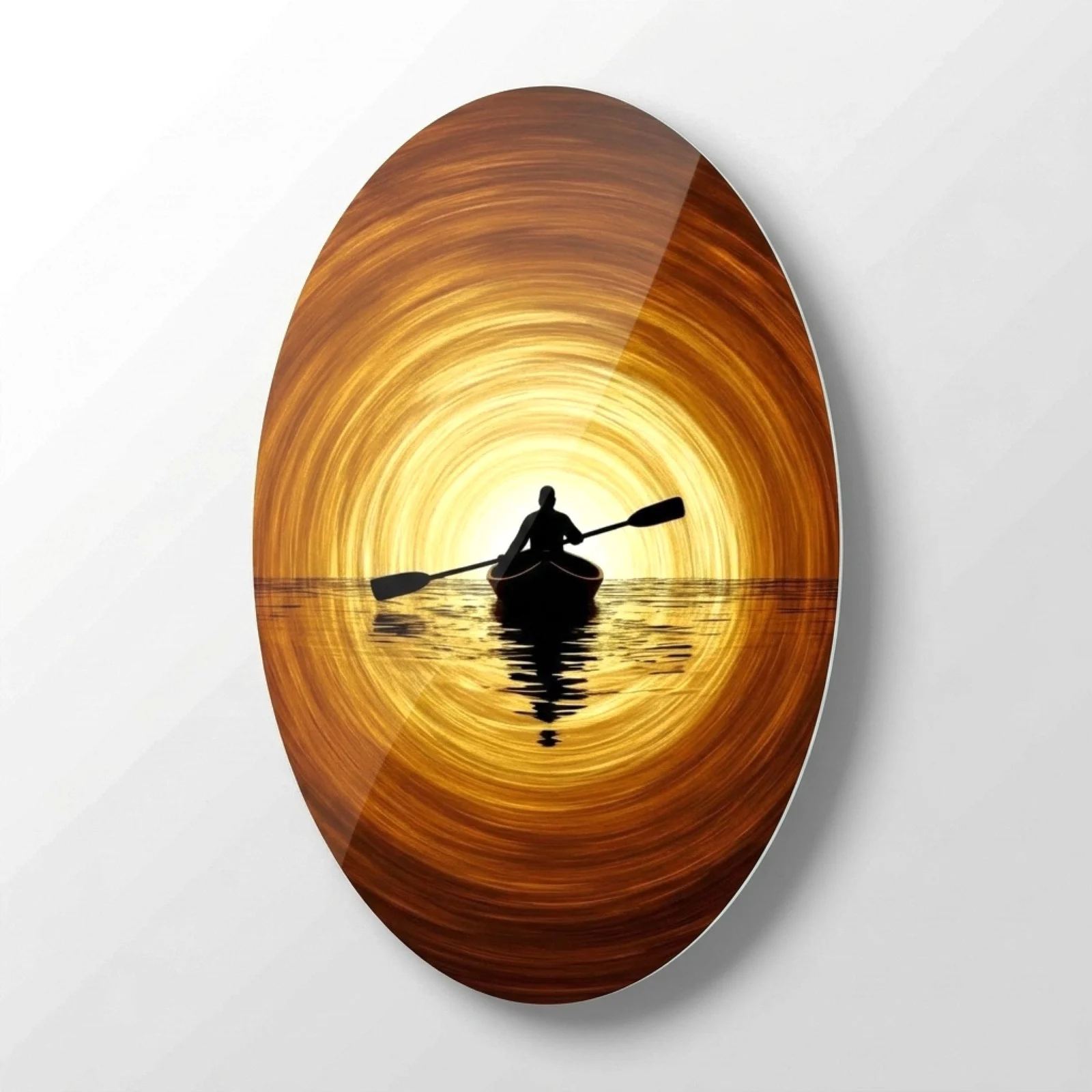 Golden Vortex Kayak Oval Glass Wall Art, front product view on a neutral background