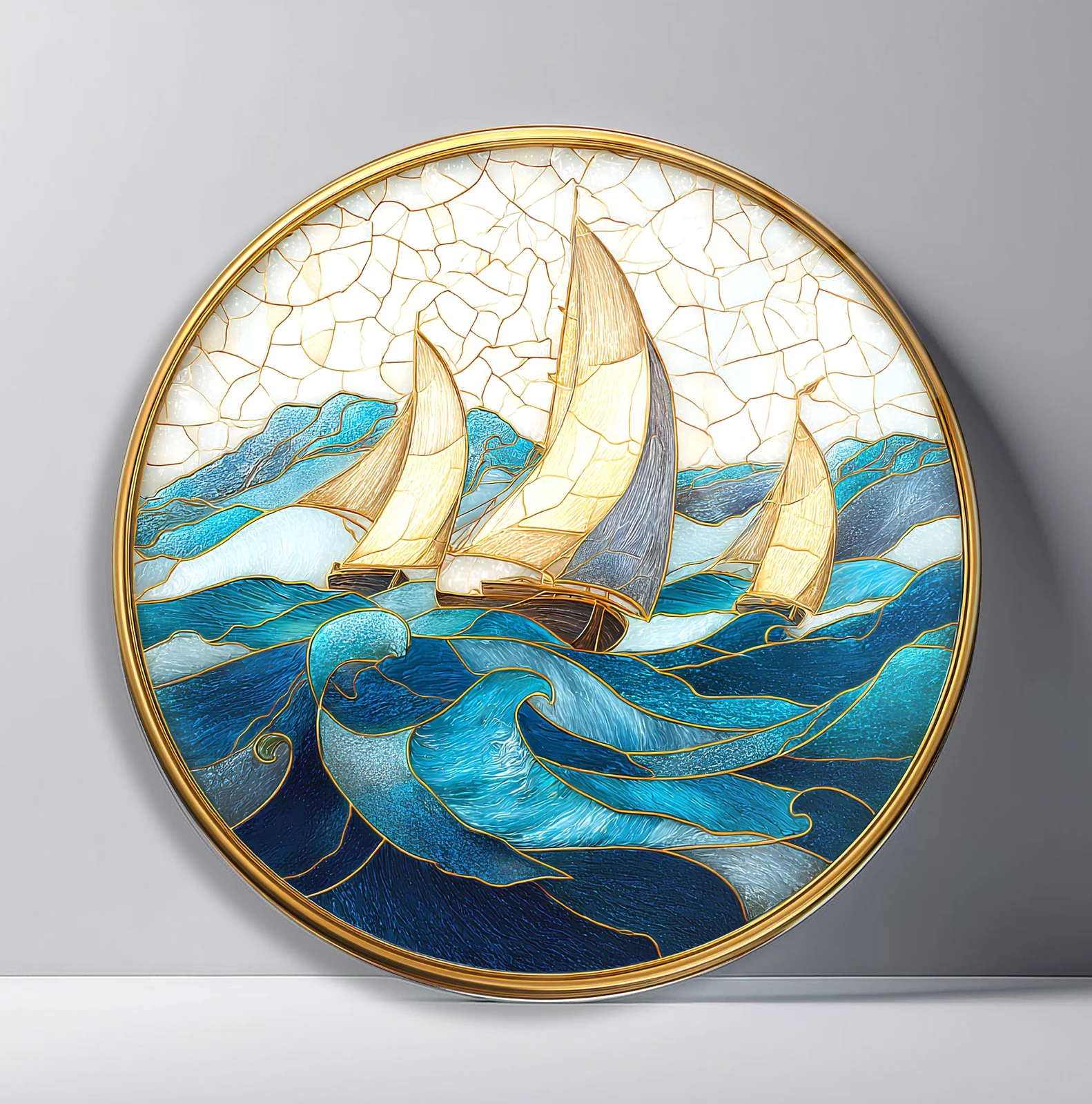 Regatta Under a Cracked Sky Round Glass Wall Art featuring fleet of sailboats riding layered waves beneath a pale mosaic sky