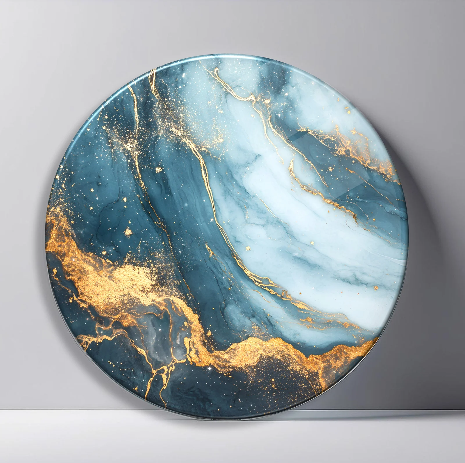 Blue White Gold Marble Tide Round Glass Wall Art featuring stormy blue and white marble crossed by molten gold veins