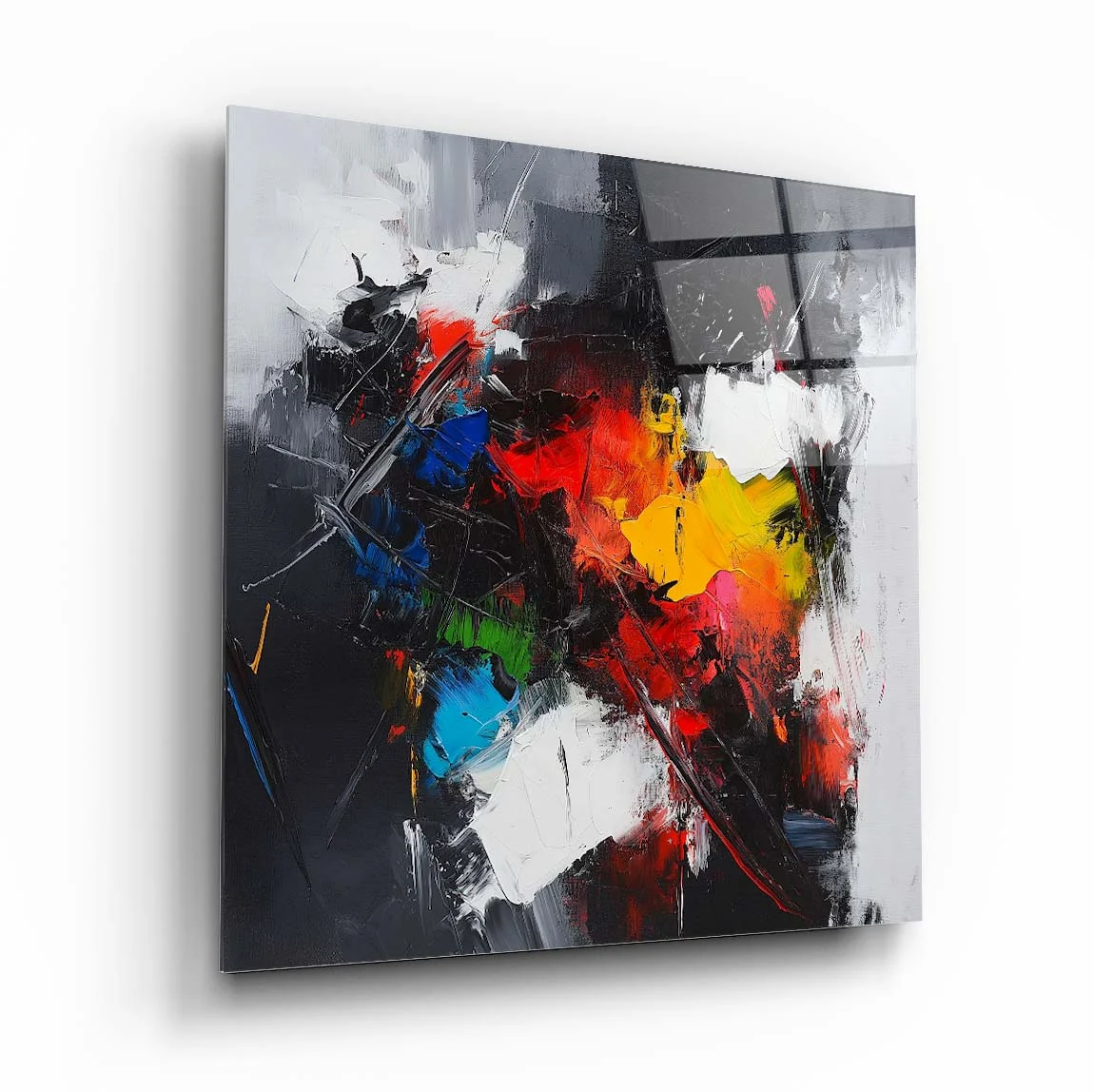 Black Red Urban Energy Square Glass Wall Art, front angled view