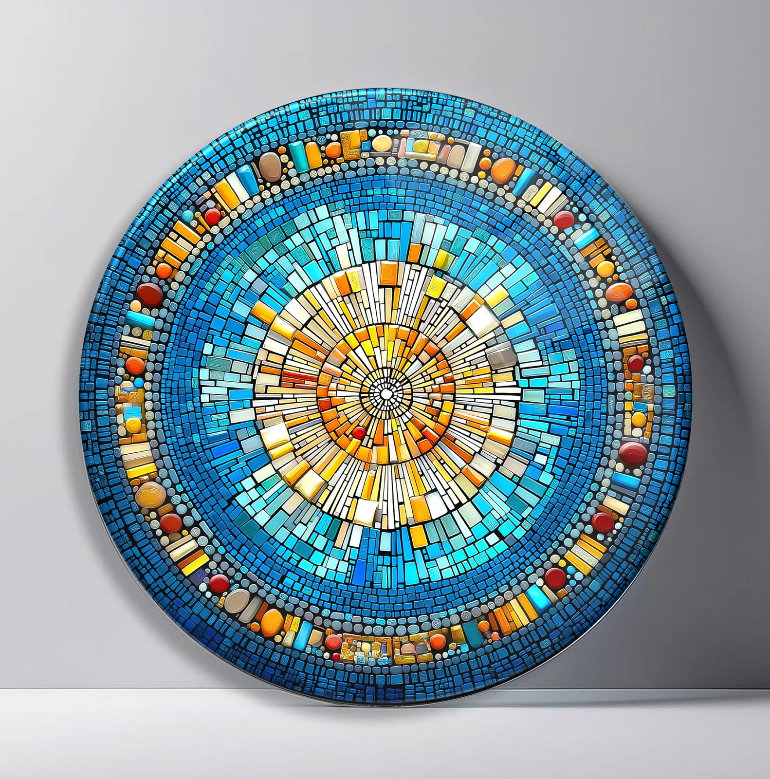 Blue Amber Mosaic Mandala Round Glass Wall Art featuring concentric turquoise tile bands with amber accents and a geometric center
