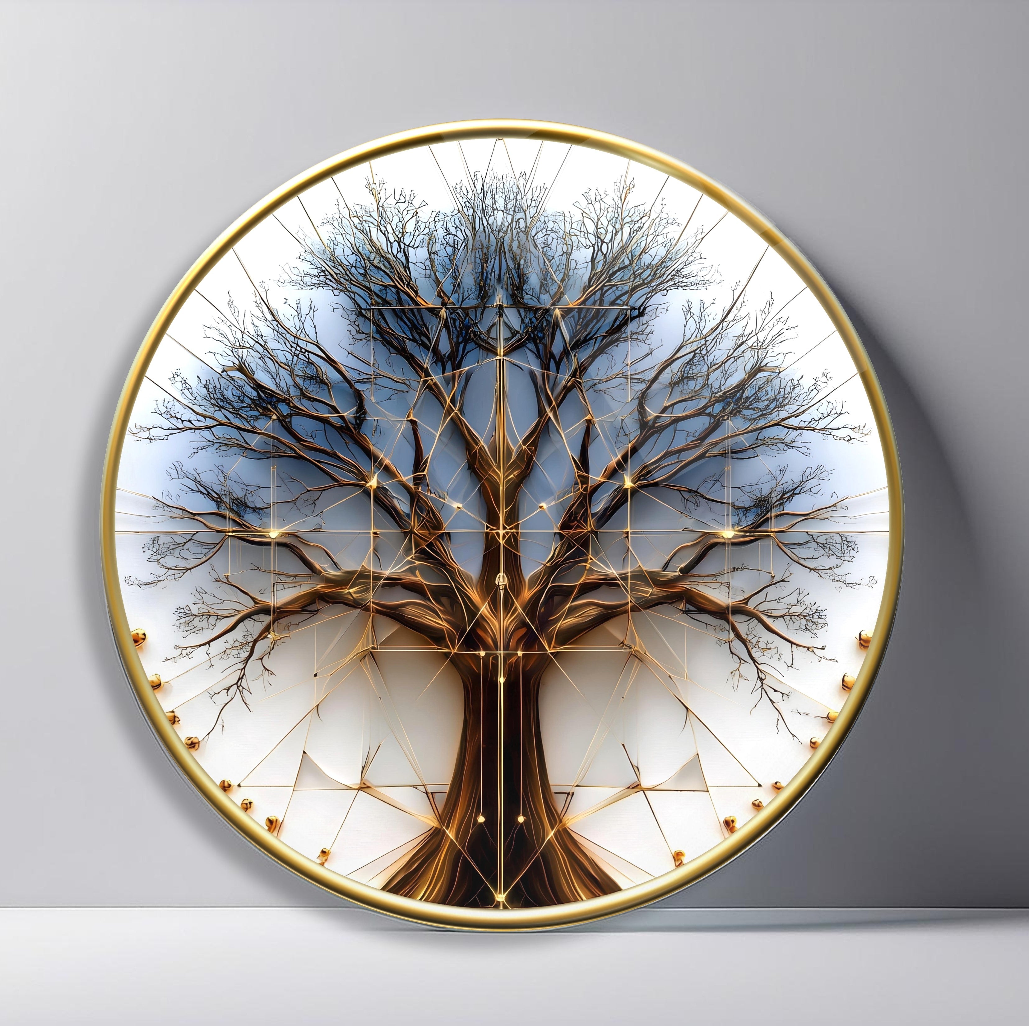 Geometric Winter Tree Round Glass Wall Art featuring bare blue-gray tree overlaid with fine gold polygon lines