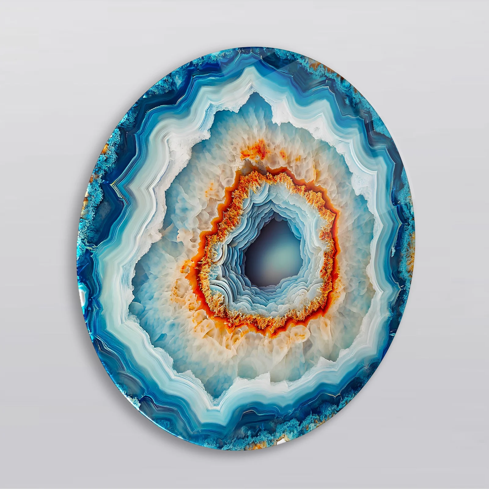 Blue Agate Portal Round Glass Wall Art featuring layered turquoise and white agate bands surrounding a natural central opening