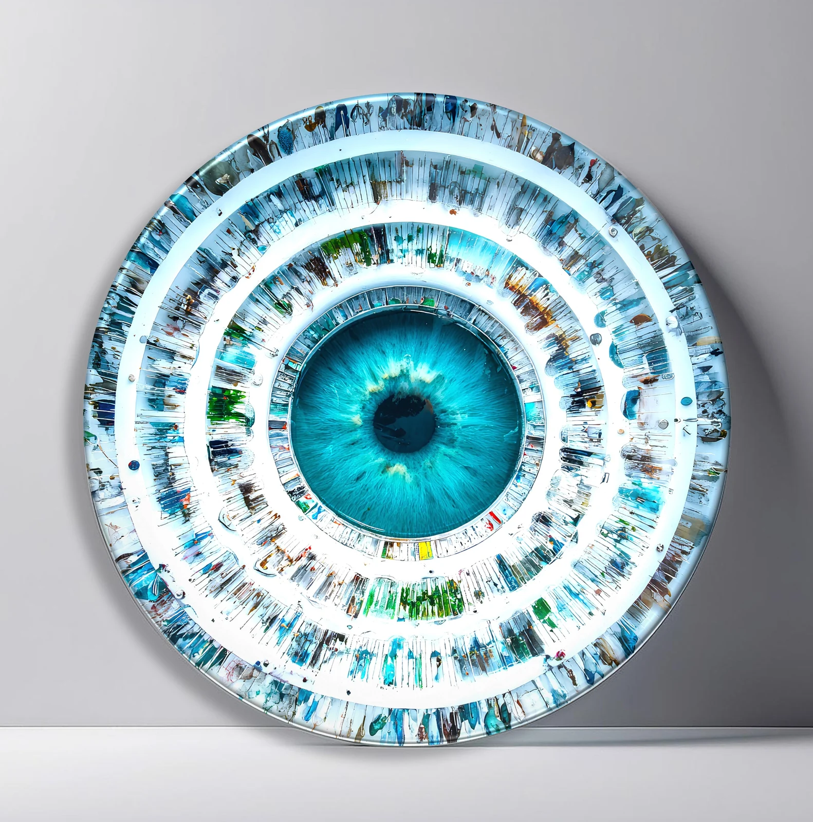 Crystal Aqua Eye Rings Round Glass Wall Art featuring turquoise iris encircled by transparent mosaic bands
