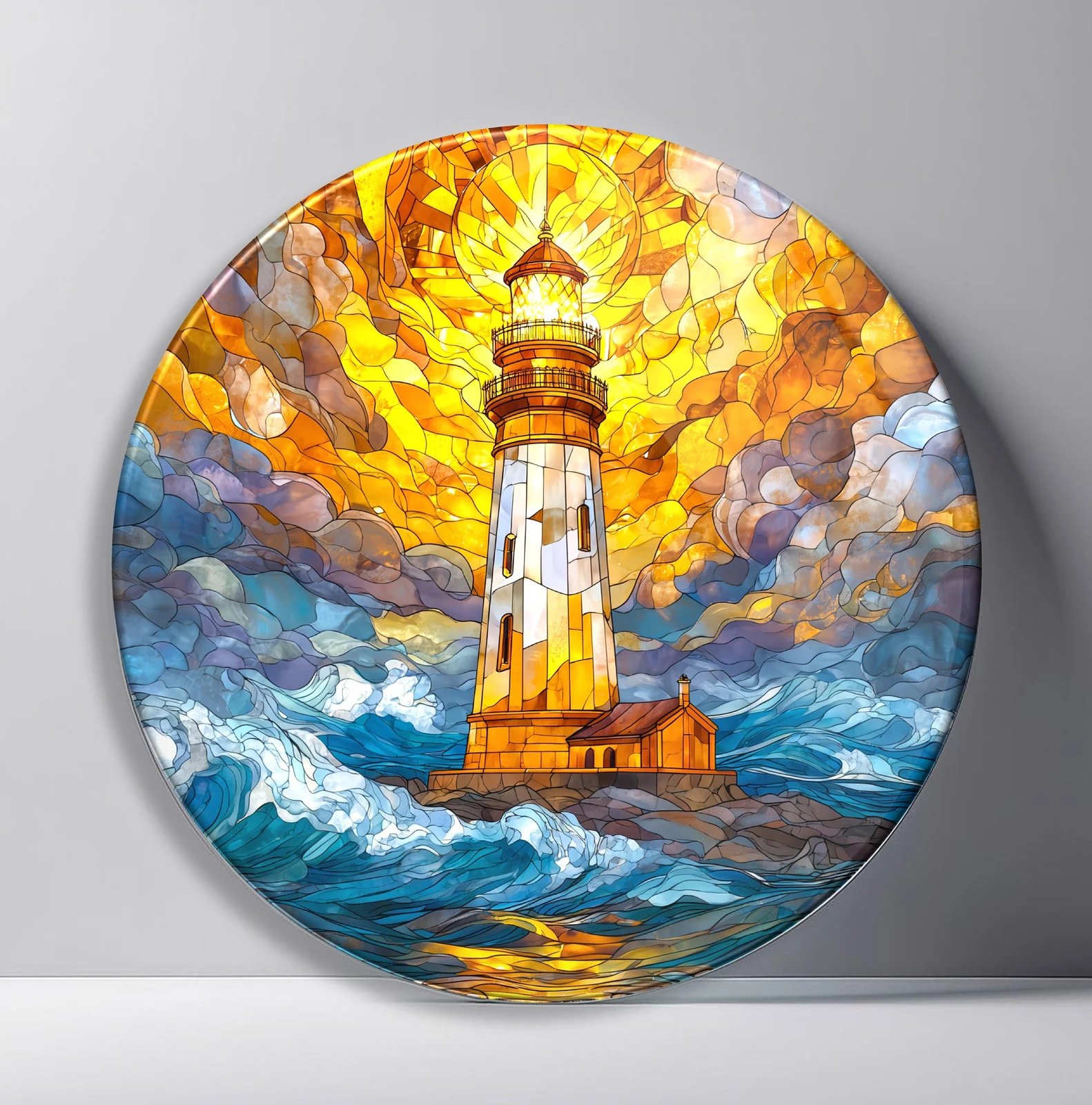 Sunlit Lighthouse in Stormy Seas Round Glass Wall Art featuring white lighthouse facing rolling blue waves beneath a blazing golden sky