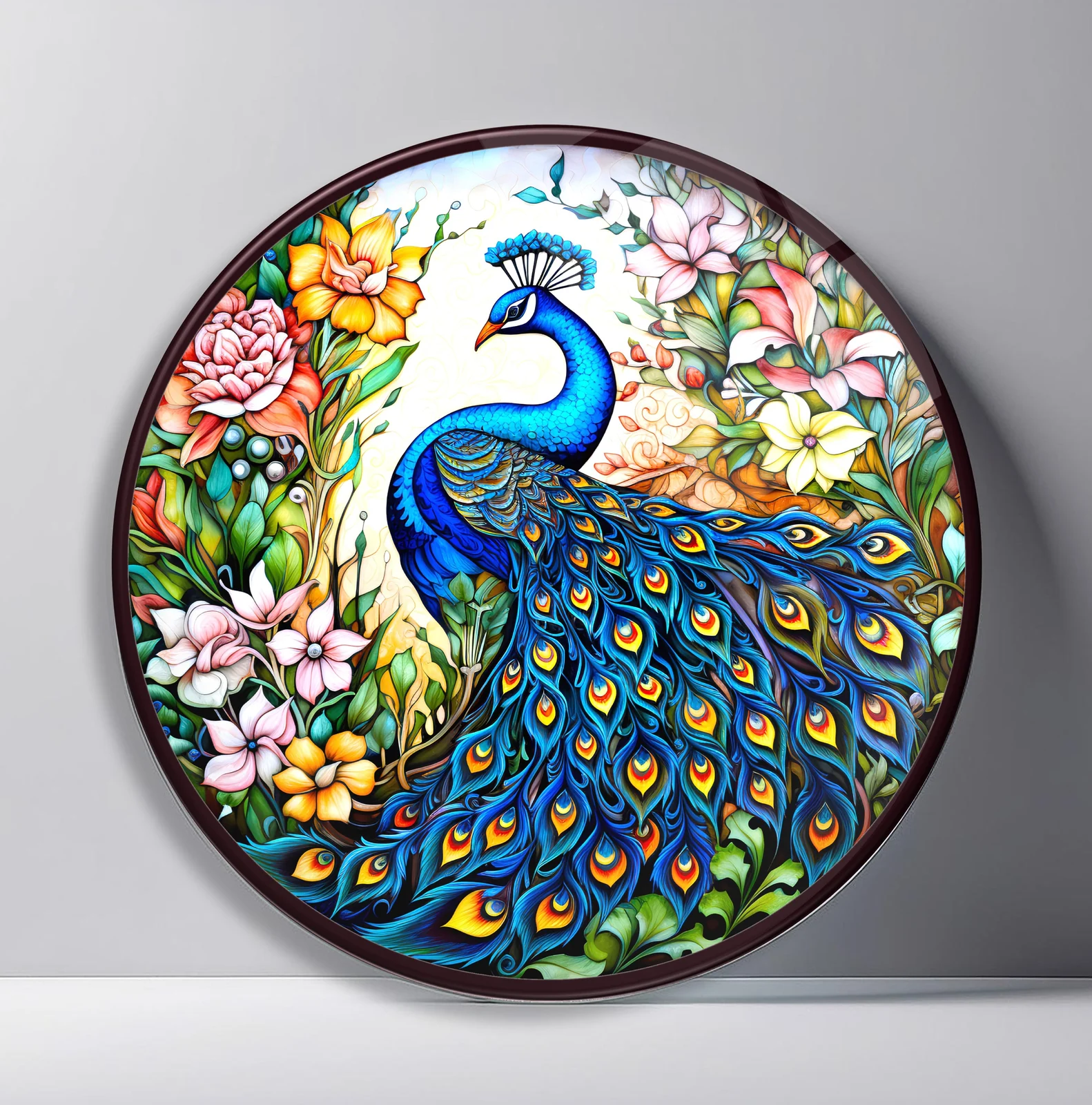 Peacock in a Spring Flower Garden Round Glass Wall Art featuring blue peacock nestled among abundant pink, yellow, and white blossoms