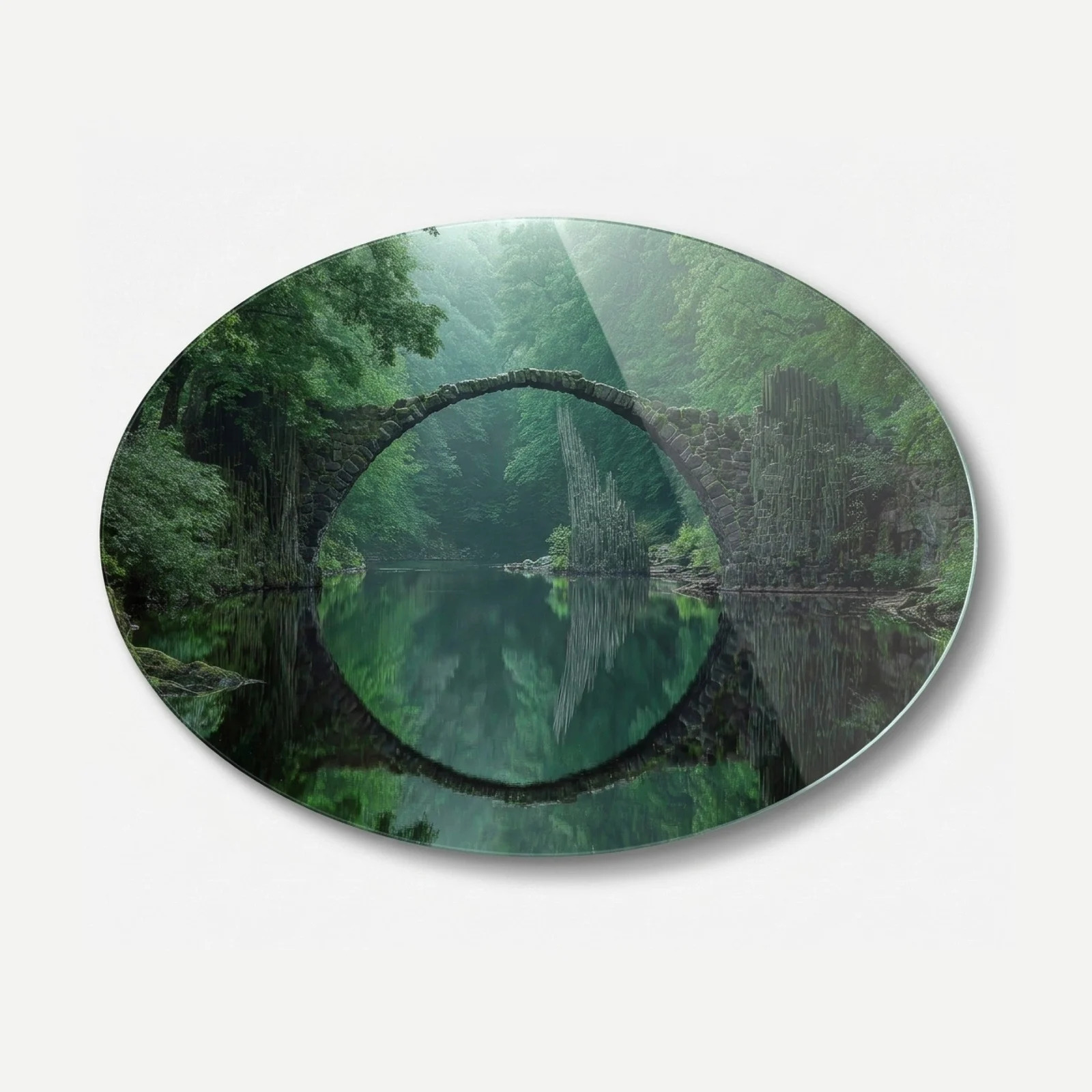 Misty Forest Circle Bridge Horizontal Oval Glass Wall Art, front product view on a neutral background
