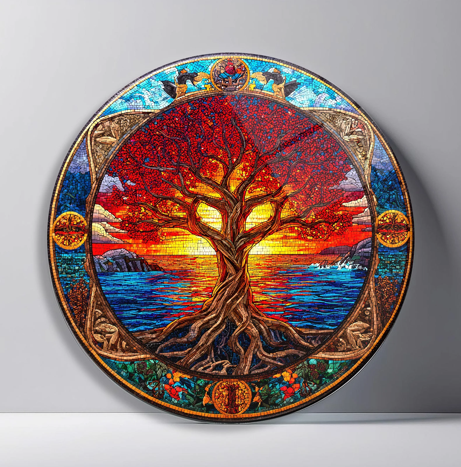 Crimson Sunset Tree Round Glass Wall Art featuring red-leaf tree silhouetted against a glowing ocean sunset