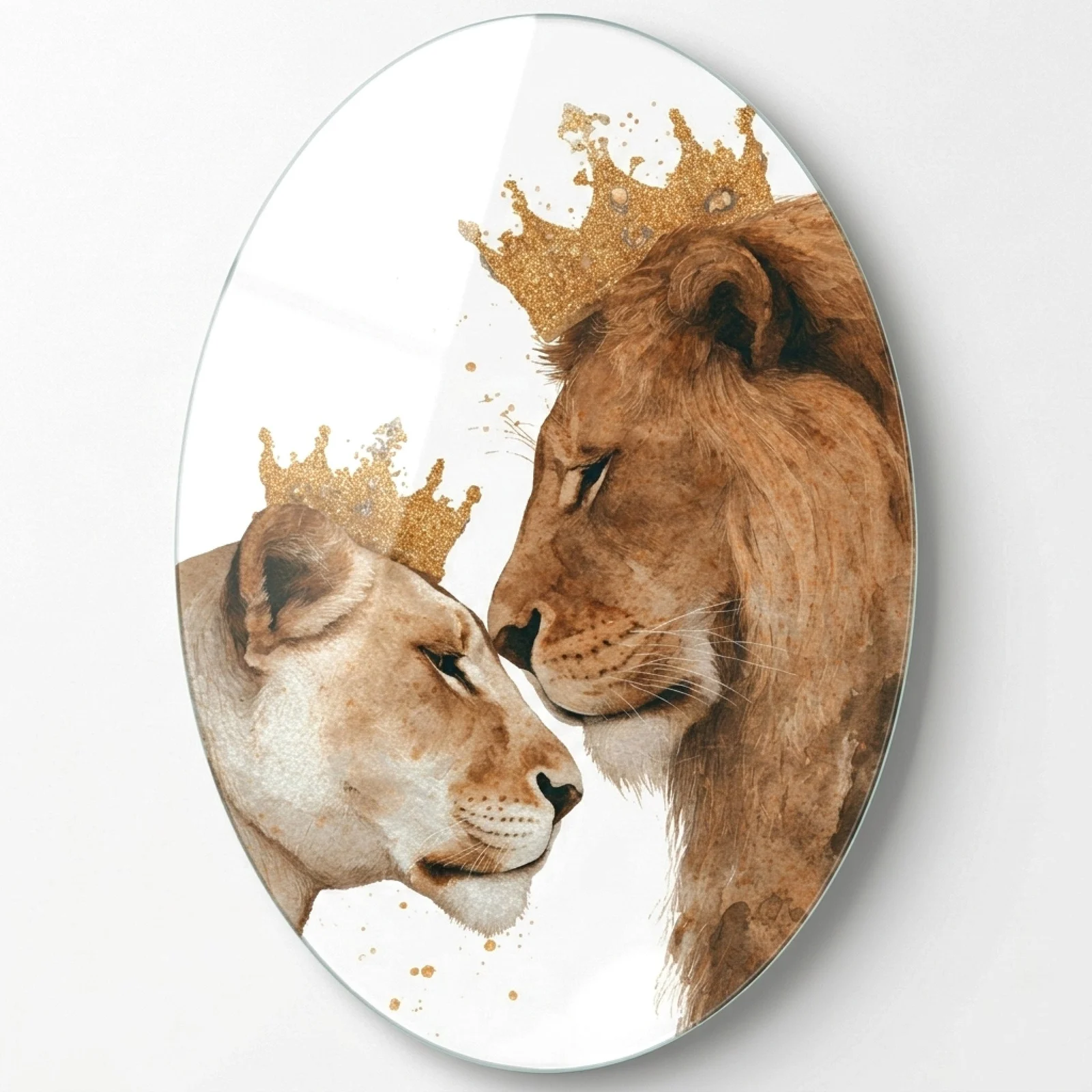 Crowned Lion and Lioness Oval Glass Wall Art, front product view on a neutral background
