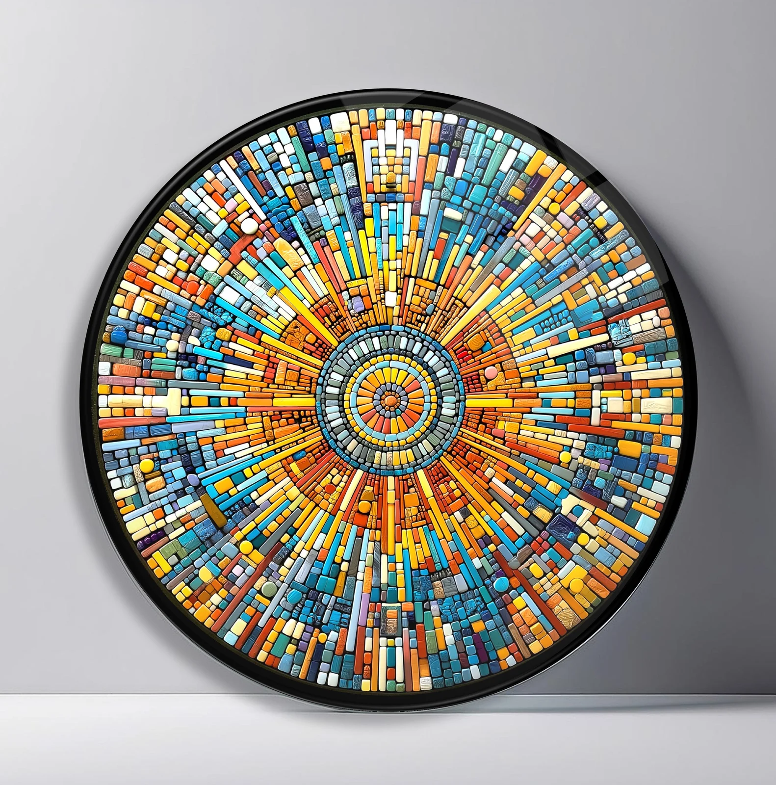 Festival City Sunburst Round Glass Wall Art featuring bright block-like mosaic rays expanding from a colorful medallion