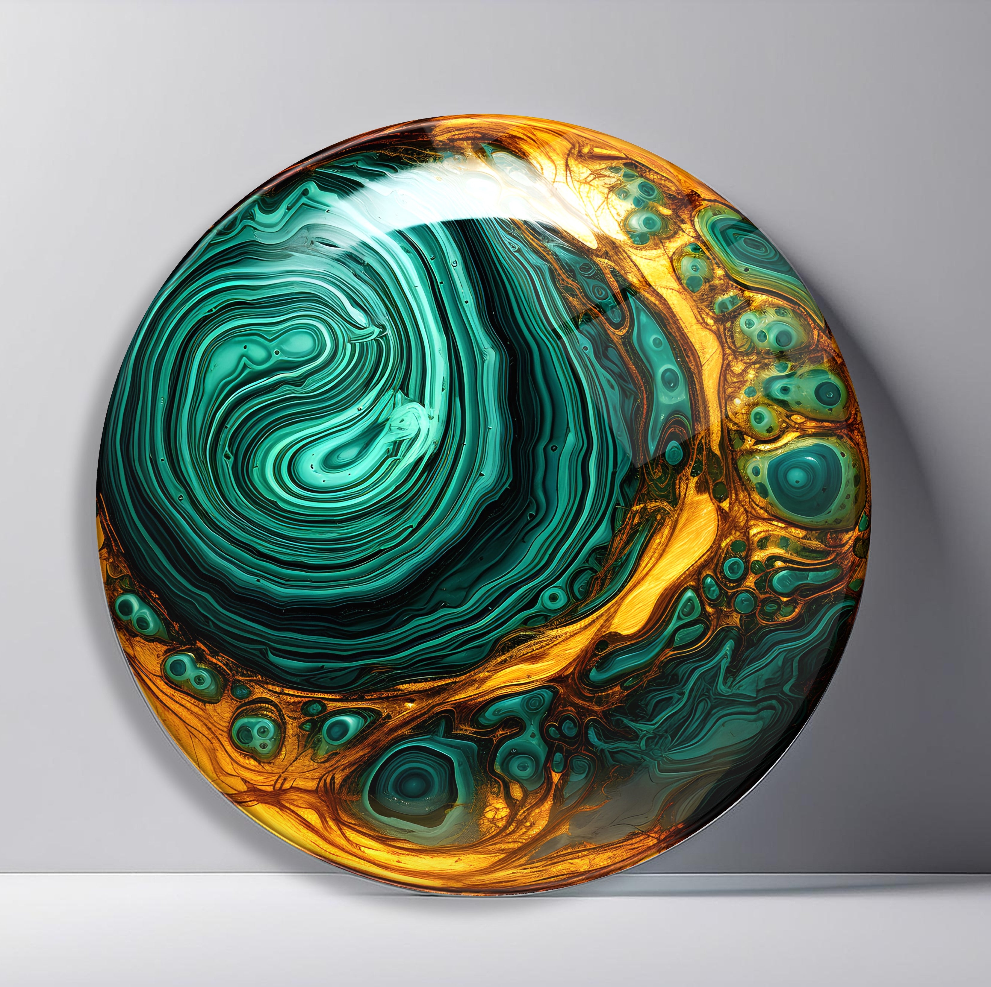 Emerald Malachite Vortex Round Glass Wall Art featuring deep green mineral bands swirling through molten gold textures