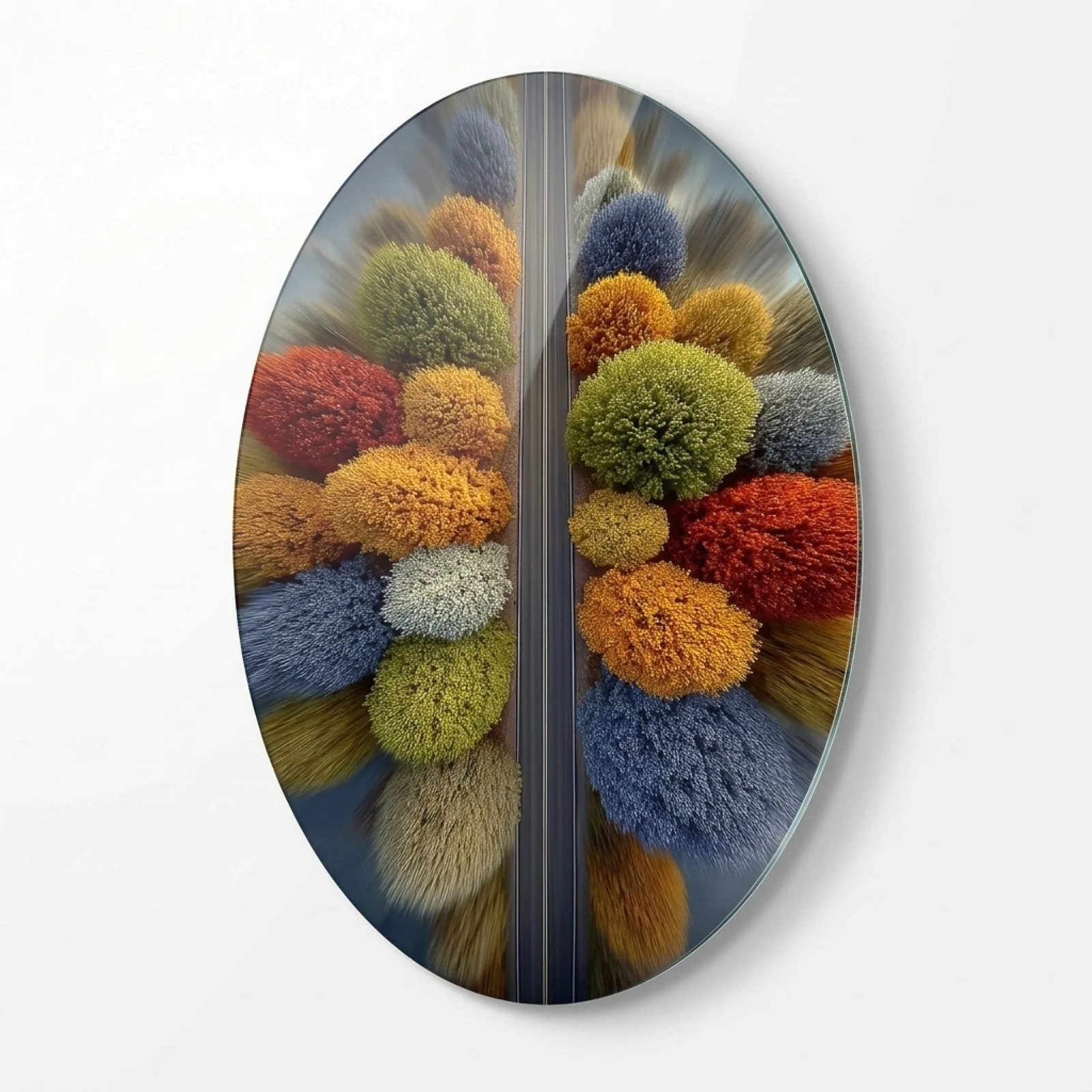 Colorful Trees Geometric Landscape Oval Glass Wall Art, front product view on a neutral background