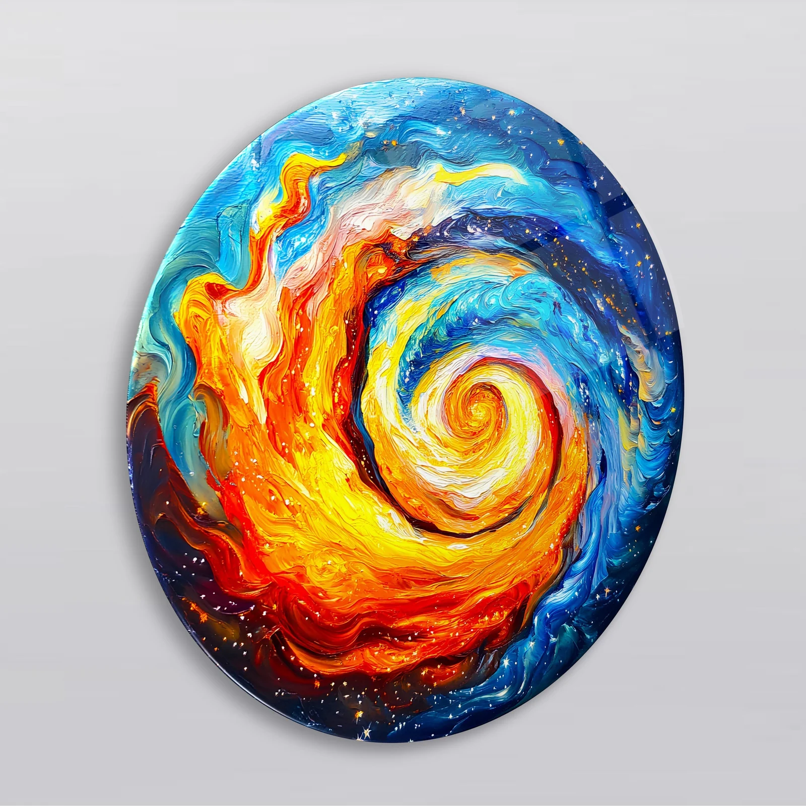 Fire and Water Cosmic Spiral Round Glass Wall Art featuring fiery orange and cool blue currents twisting through a starry vortex