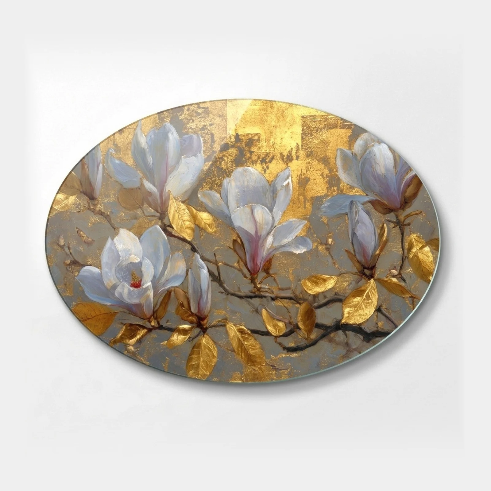 White Magnolias with Gold Leaf Horizontal Oval Glass Wall Art, front product view on a neutral background