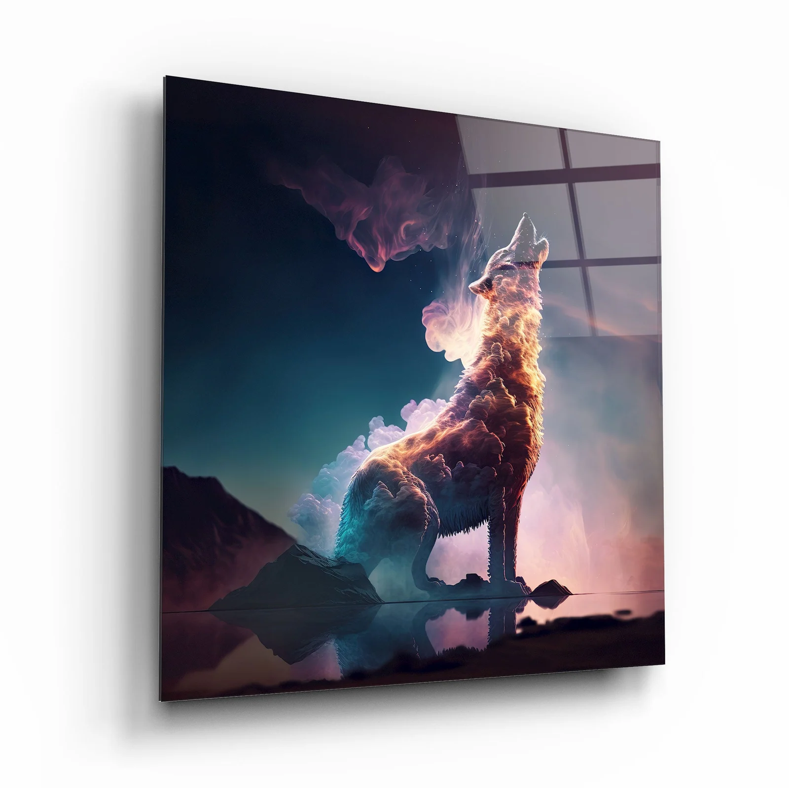 Cosmic Wolf on a Cliff Square Glass Wall Art, front angled view