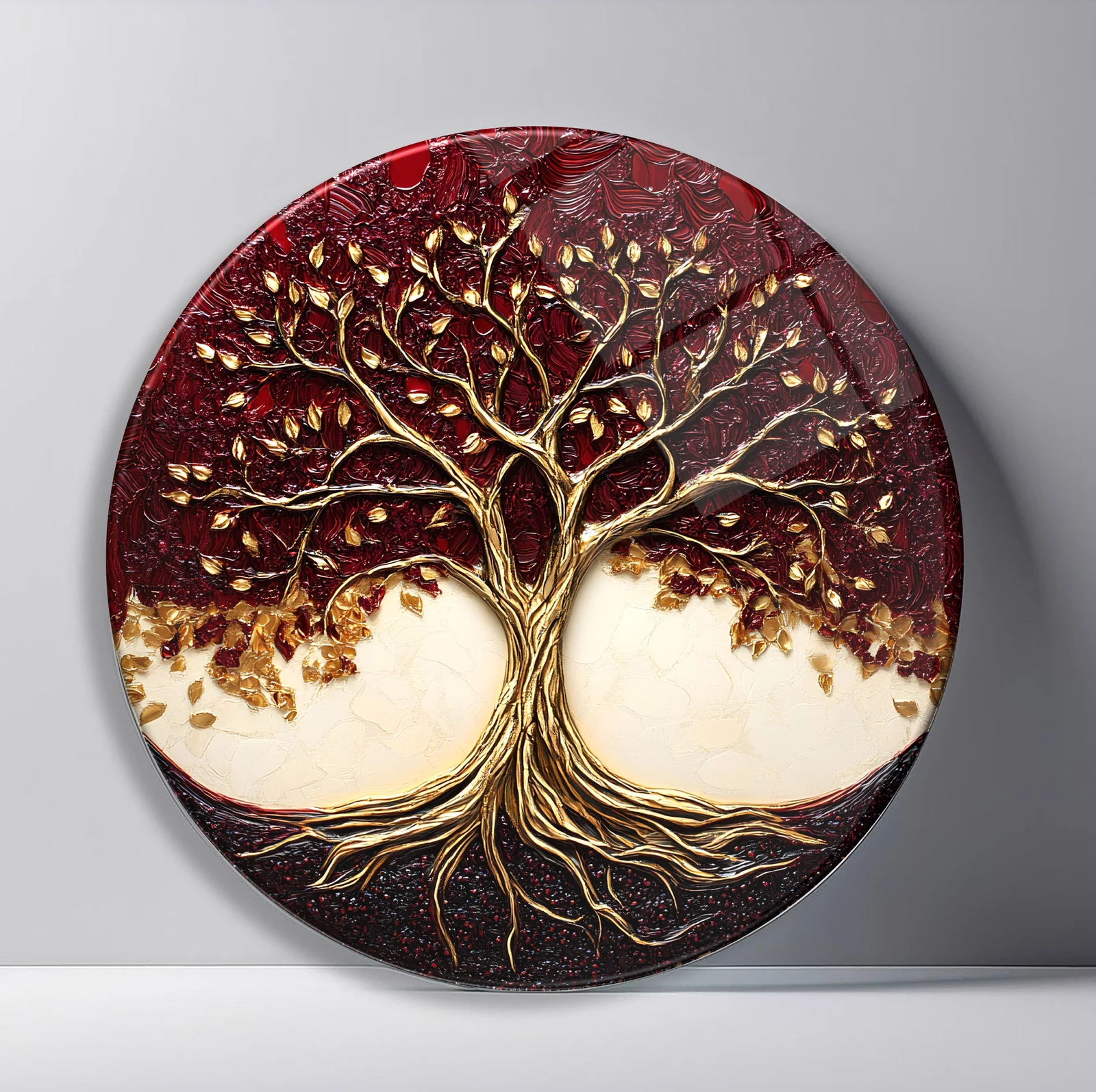 Burgundy Golden Tree of Life Round Glass Wall Art featuring golden branching tree and roots against a rich wine-red canopy