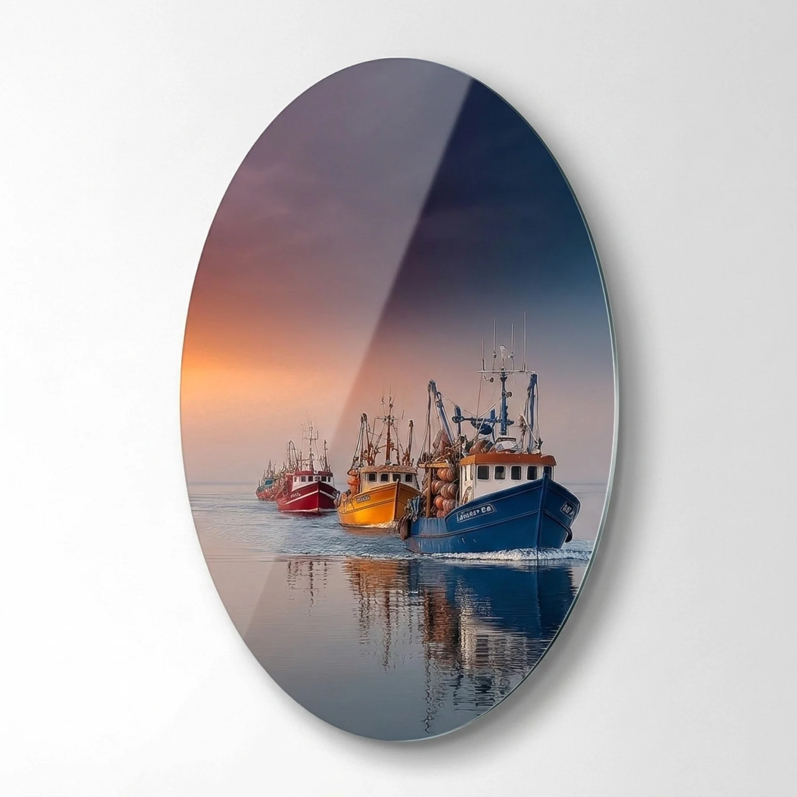 Fishing Boats at Dusk Oval Glass Wall Art, front product view on a neutral background