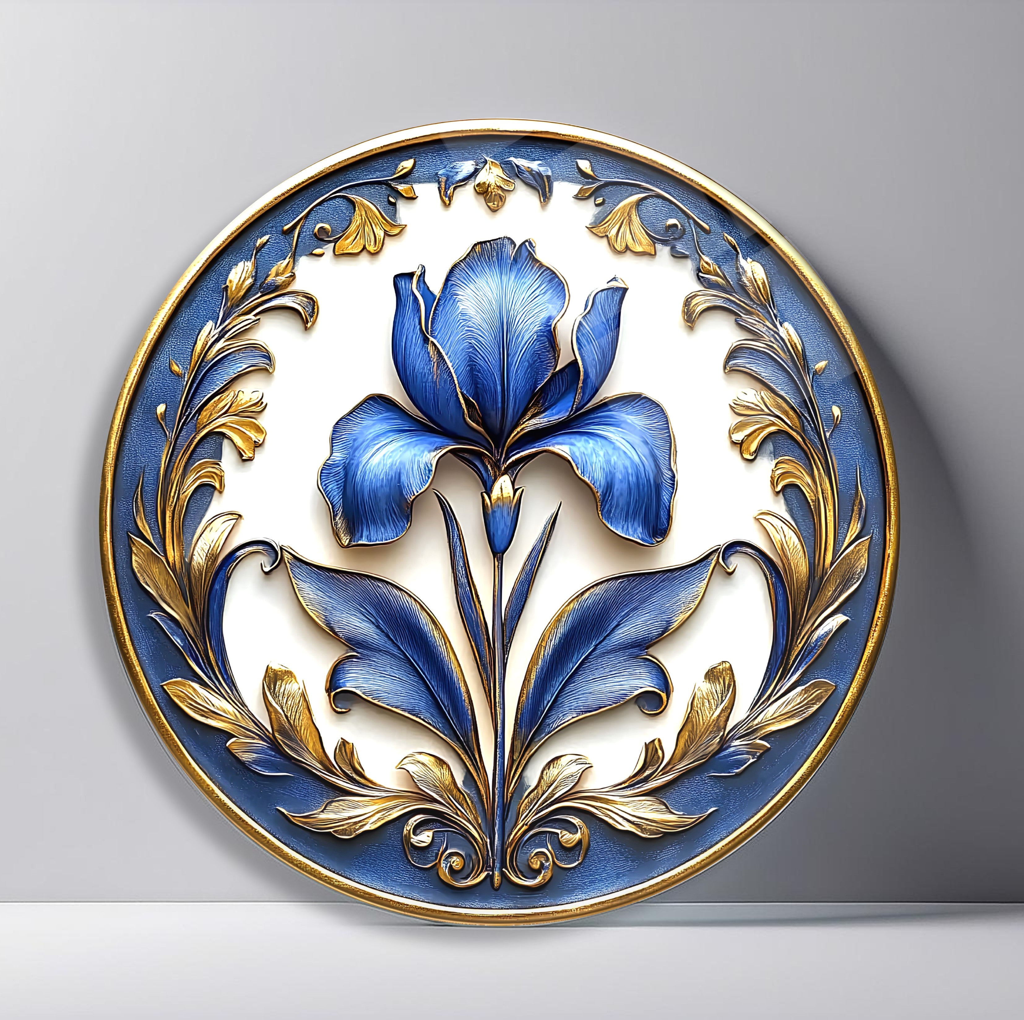 Royal Blue Iris Ornament Round Glass Wall Art featuring large sculptural blue iris framed by curling gold leaves