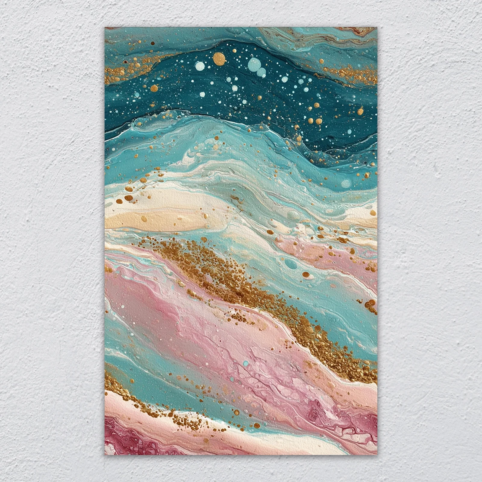 Glass wall art of an elegant fluid marble abstract of teal, blush pink, and shimmering gold