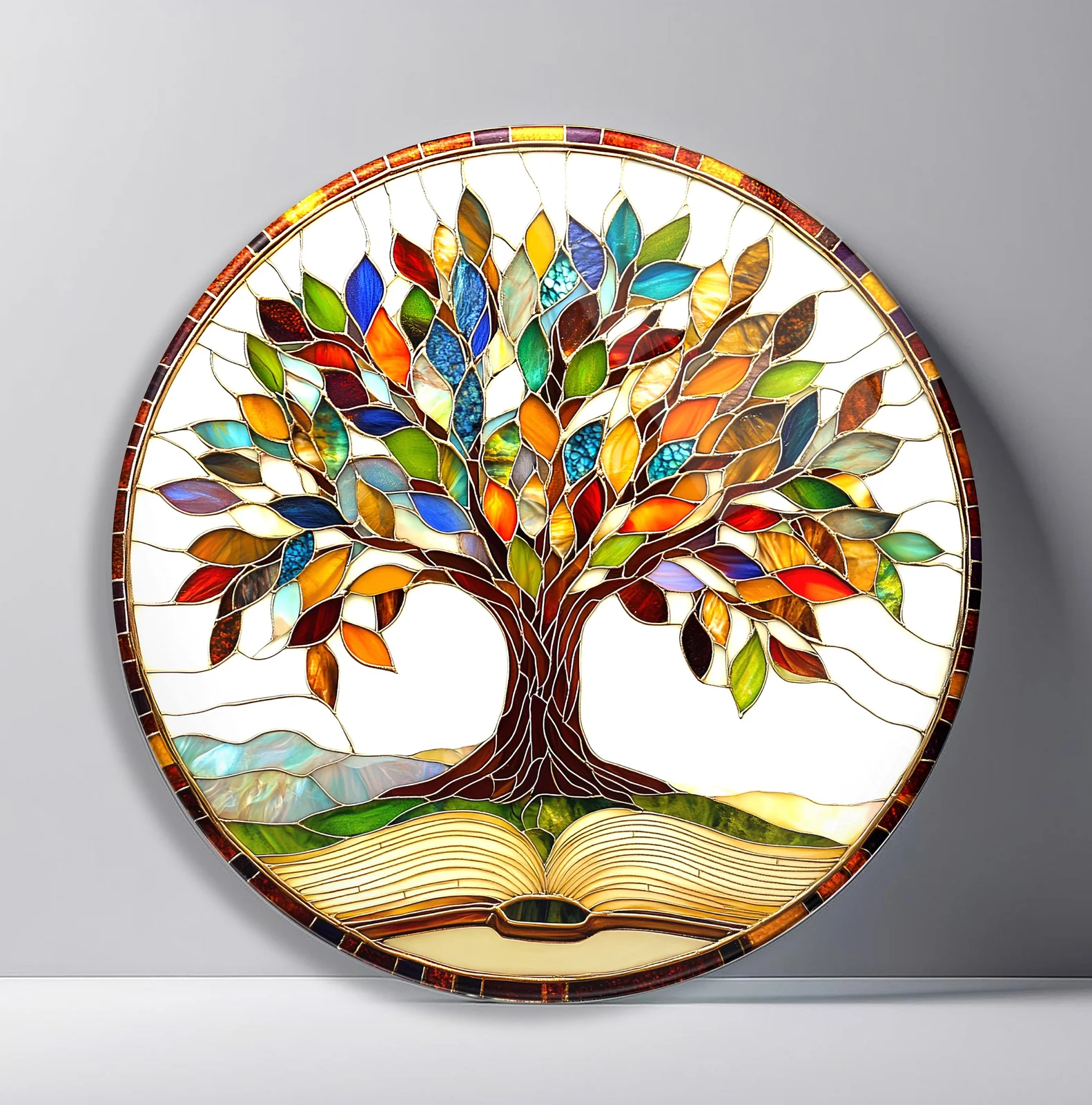 Tree of Knowledge Round Glass Wall Art featuring colorful tree growing from an open book