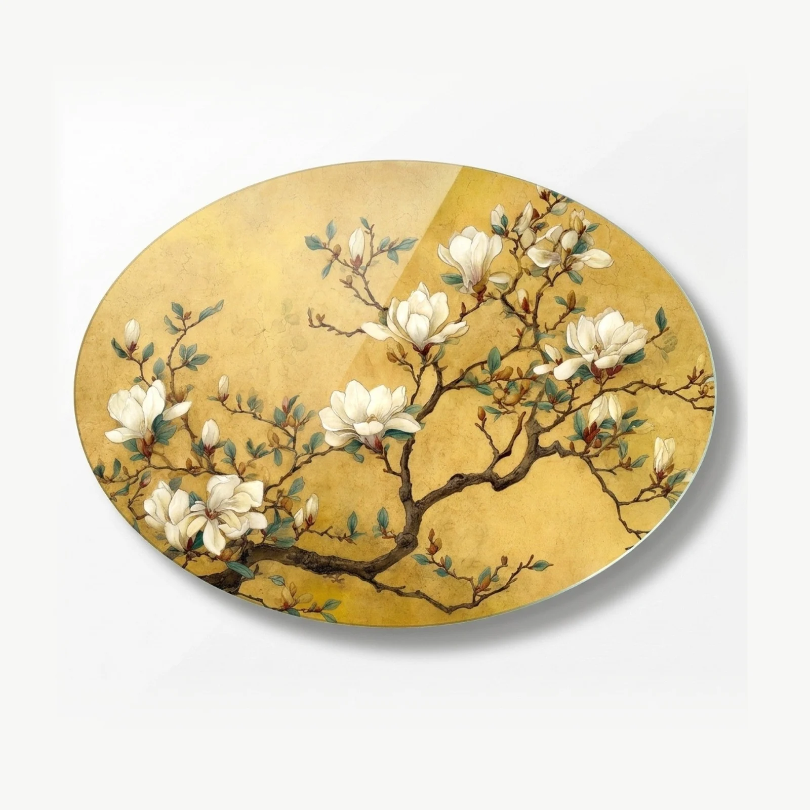 White Magnolia Tree on Gold Horizontal Oval Glass Wall Art, front product view on a neutral background