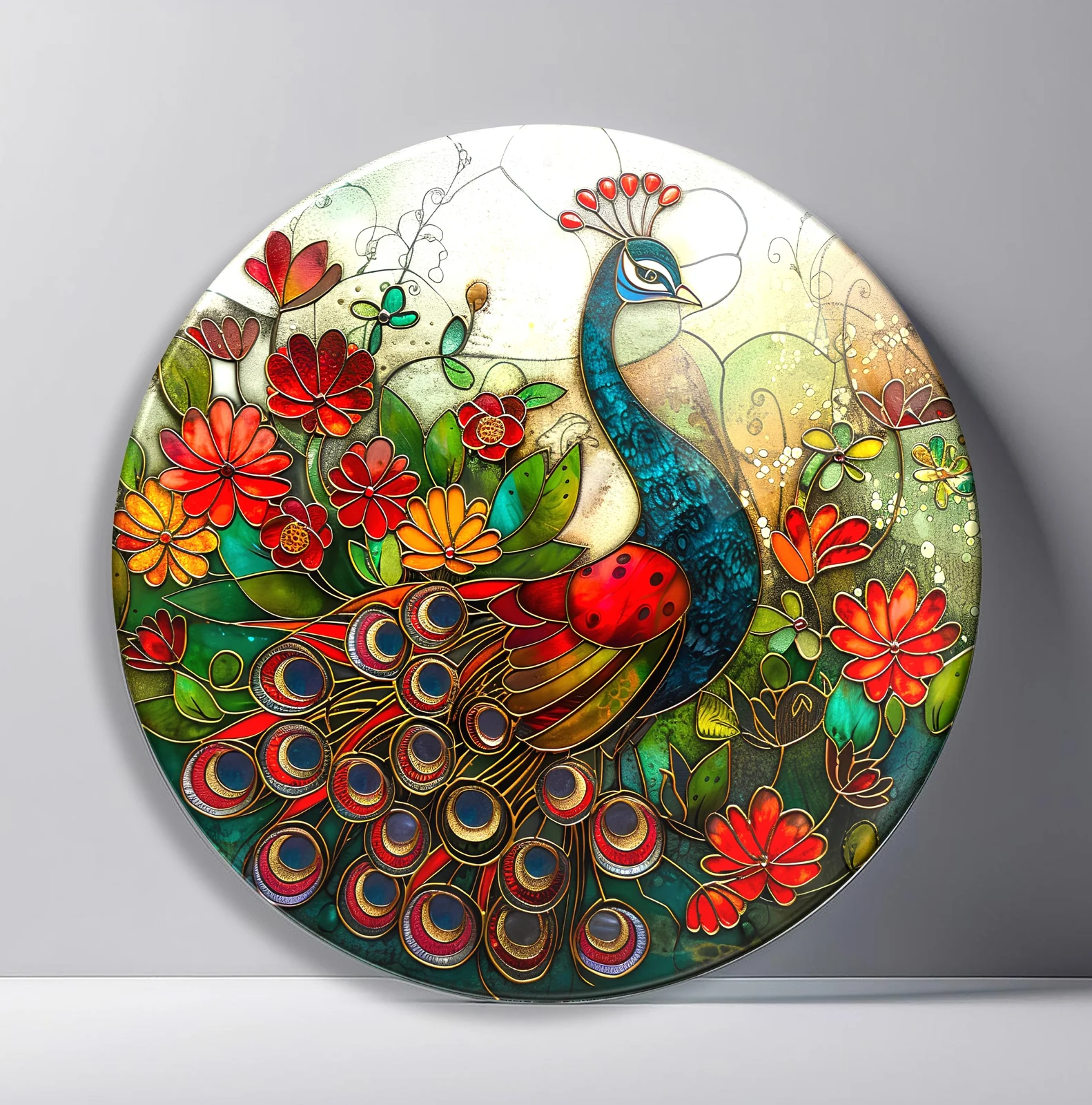 Peacock in a Wildflower Garden Round Glass Wall Art featuring ornate peacock surrounded by red flowers, berries, and a ladybird