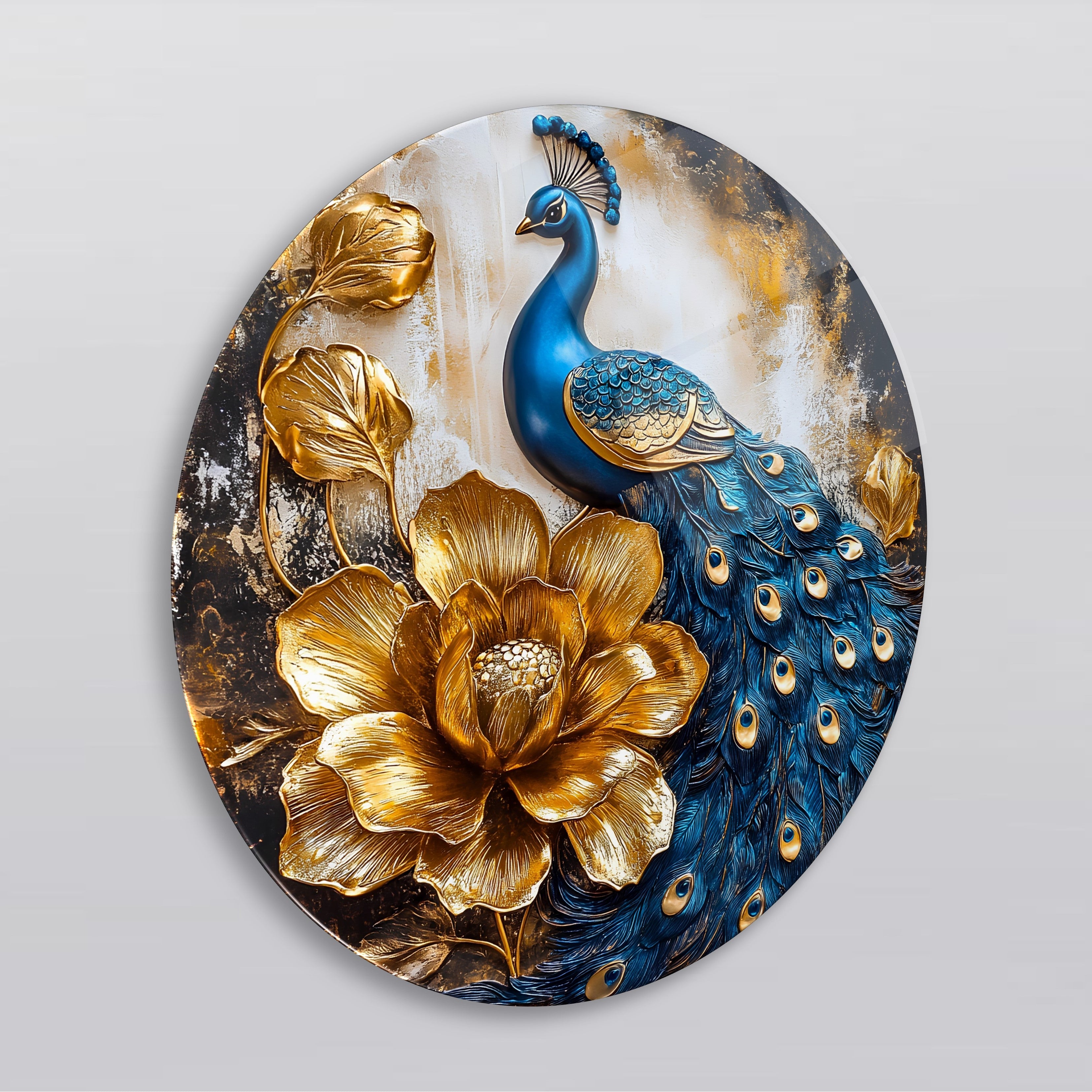 Golden Peony Peacock Round Glass Wall Art front view, leaning against a neutral wall